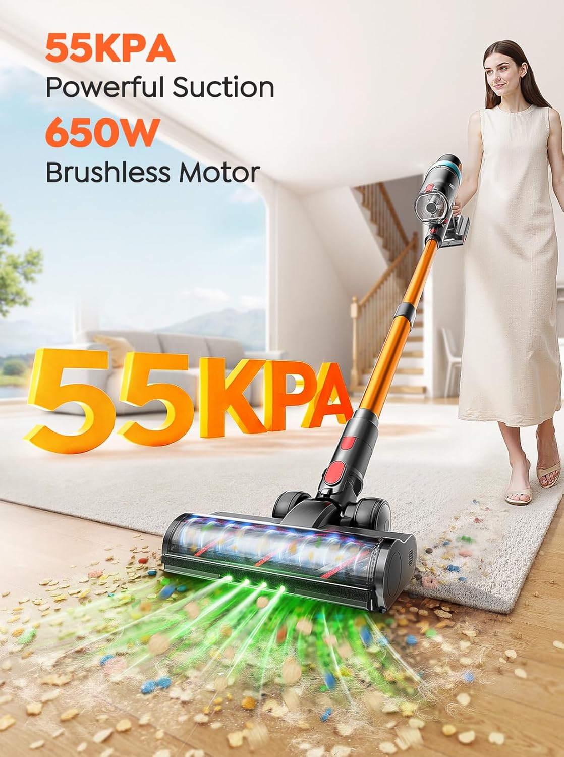 Aspirateur balai sans fil, 650 W, 55 kPa, autonomie de 70 minutes, idéal pour la maison. Modèle amélioré avec tuyau extensible de 1 m, écran tactile LED, station de charge murale et mode automatique pour tapis, poils d'animaux et sols durs.
