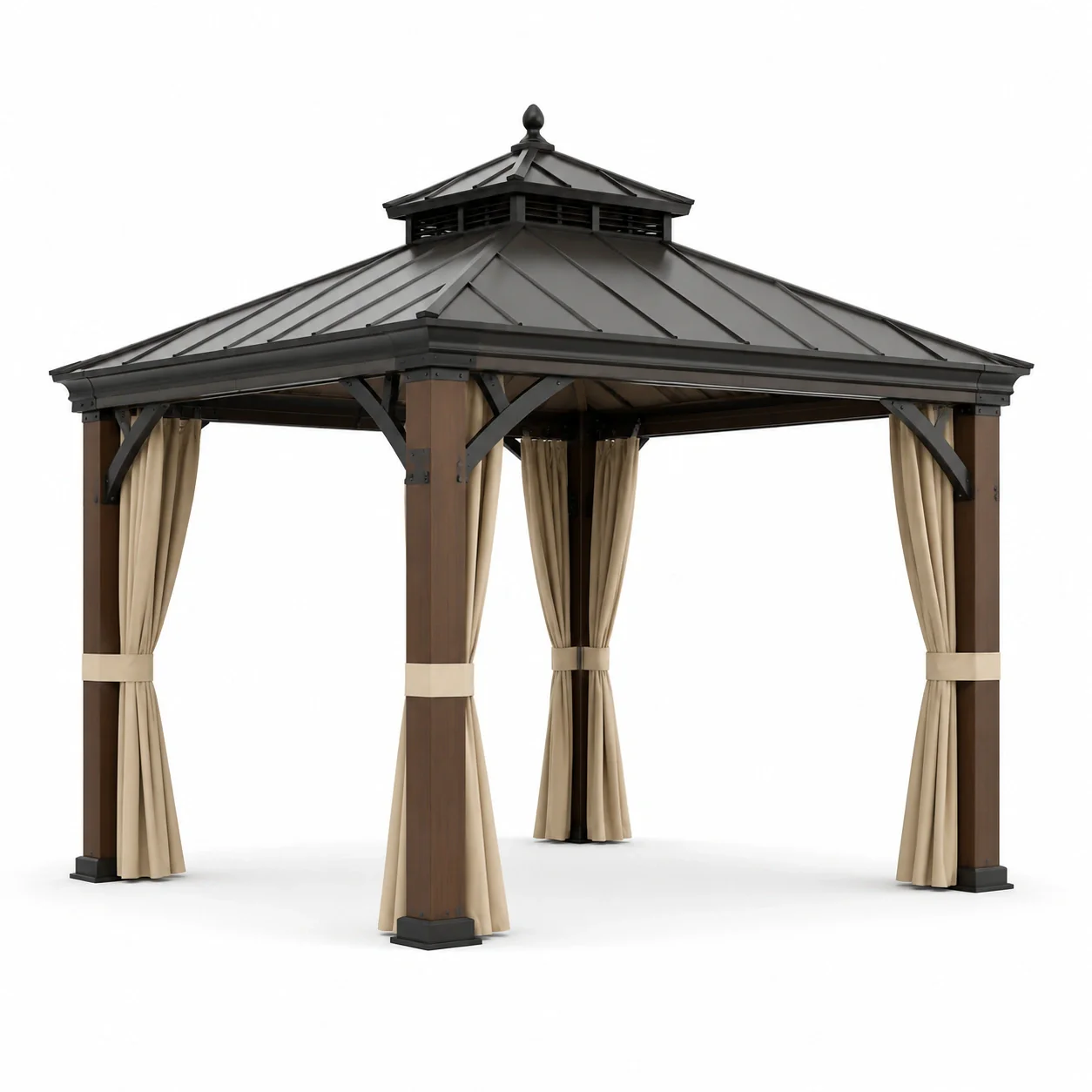 Pavillon de jardin en aluminium et métal avec rideaux polyester marron et beige - 2026