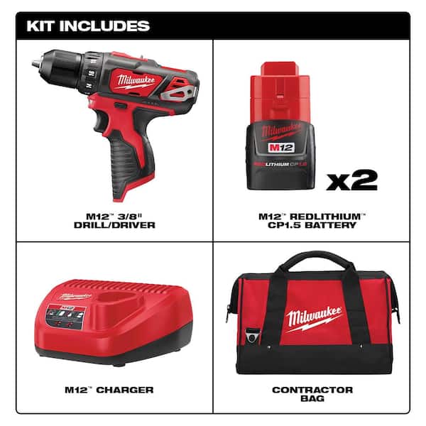 M12 12V Lithium Ion Cordless 3/8 in Drill/Driver Kit with Two 1 5 Ah Batteries, Charger and Tool Bag Image 2