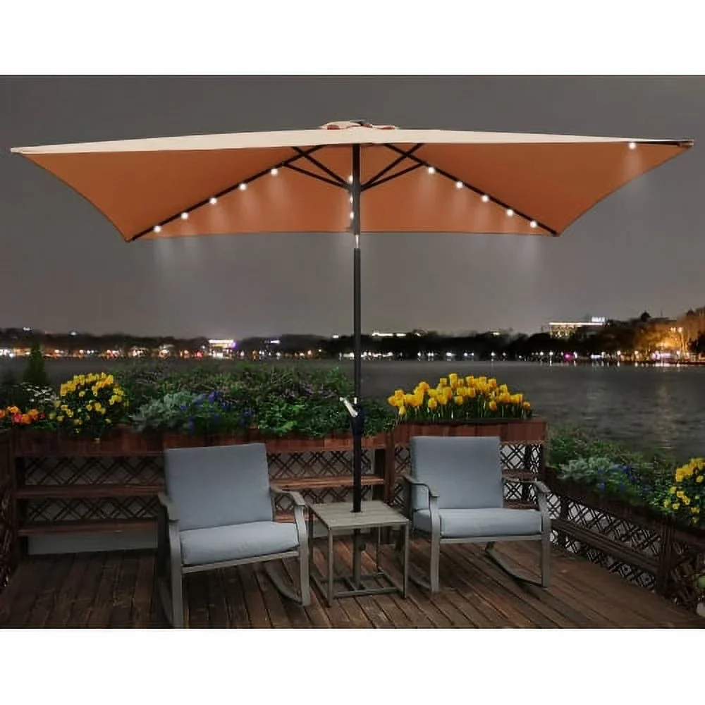 10 x 6.5 ft Outdoor Patio Umbrella, Rectangular Patio Solar LED Lighted Outdoor Umbrellas, Market Table Waterproof Umbrellas with Crank and Push Button Tilt for Garden Backyard Pool, Brown