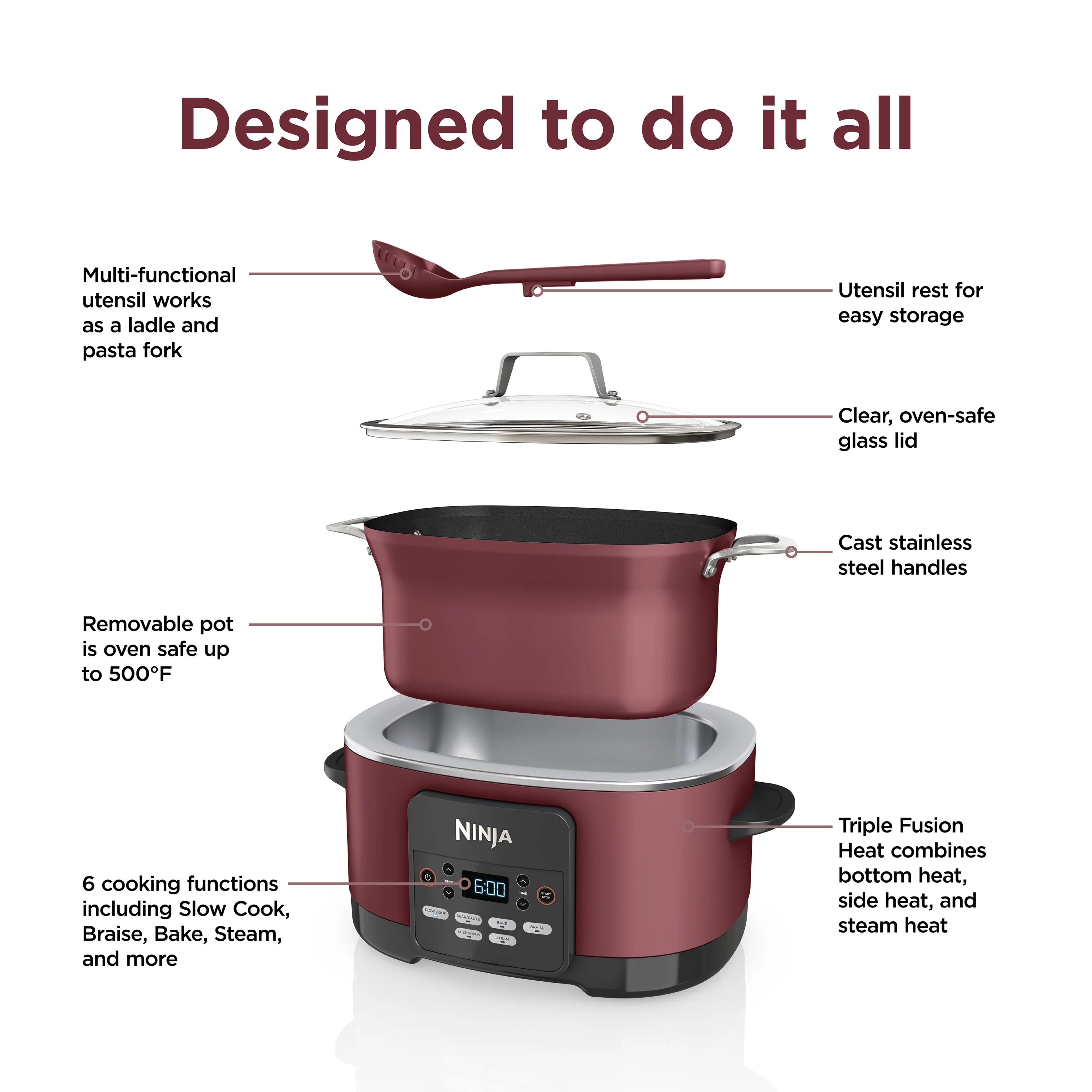 Ninja Foodi Possible Cooker, 8.5 Quart, 6 - in - 1 Multi - Cooker, Slow Cooker, Steamer, Glass Lid Integrated Cooking Utensil, Nonstick, Oven Safe Pot to 500°f, Cherry Tarte, MC1000WM