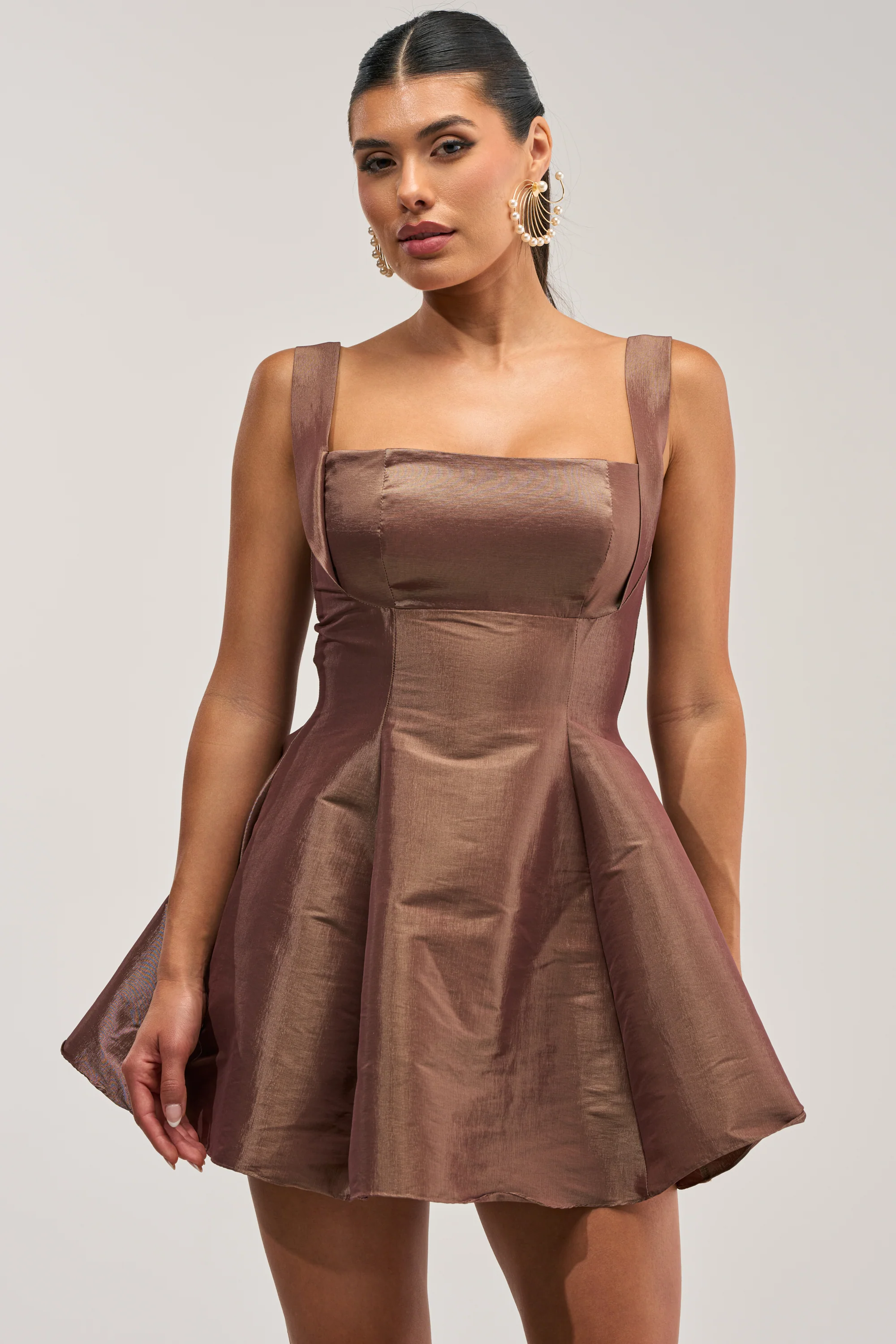 BEST TIME OF THE YEAR SATIN MINI DRESS IN MOCHA - Akira Store
