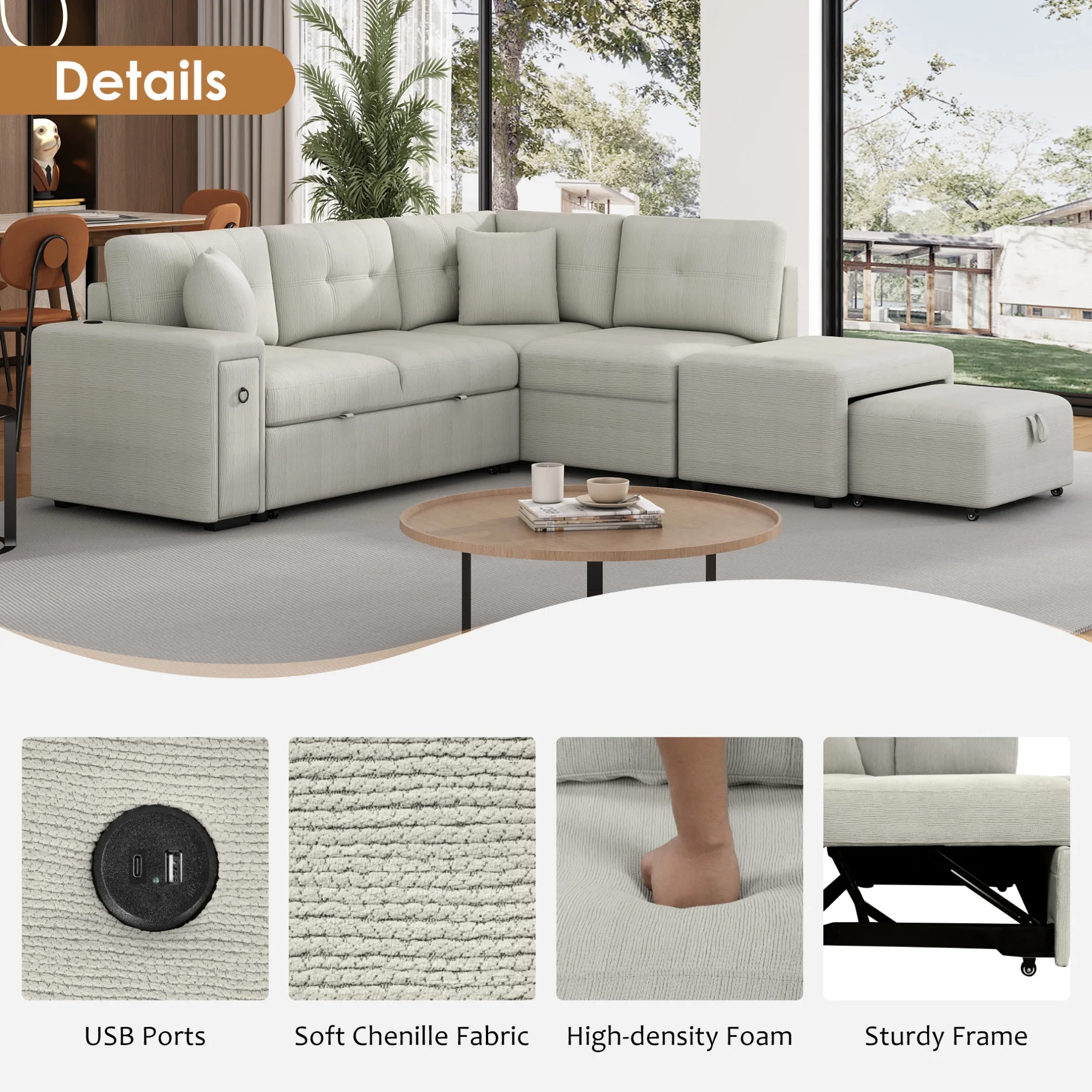 87" Modular Sectional Sleeper Sofa with Pull Out Bed, Convertible L-Shaped Couch with Ottoman, USB Ports and Two Cup Holders for Living Room, Apartment, Bedroom, Gray(Grey) - Image 7