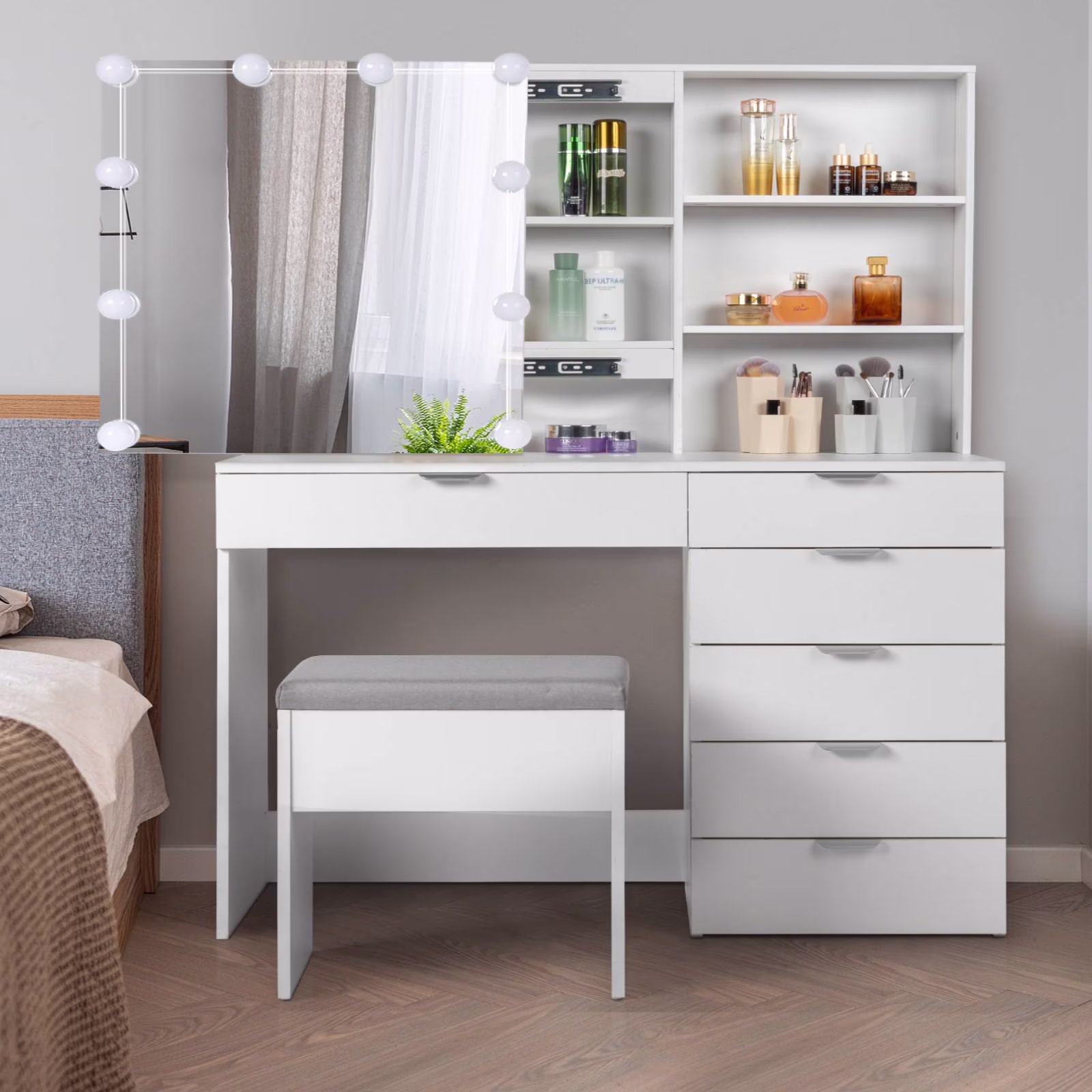 Vanity Set with 3 Color Lighted Mirror, Makeup Table with 6 Drawers, Dressing Table Makeup Desk with Stool,White(White)