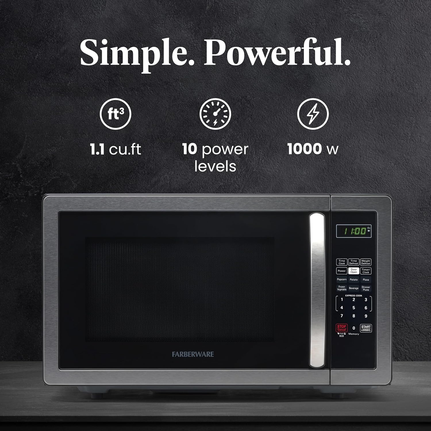 Farberware 1.1 CuCountertop Microwave Oven – 1000 Watts Power, Auto Cook Settings, Defrost, Easy Clean and Child Safety Lock - Stainless