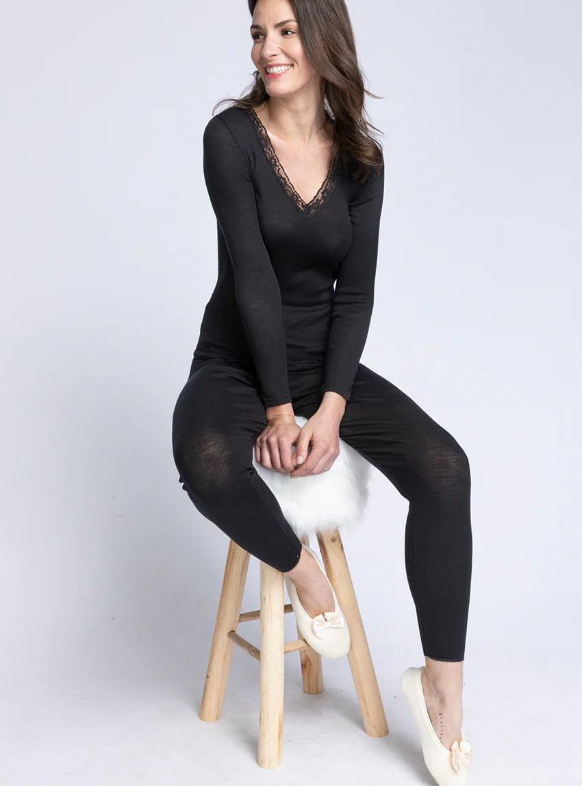 Caleçon long femme laine et soie noir