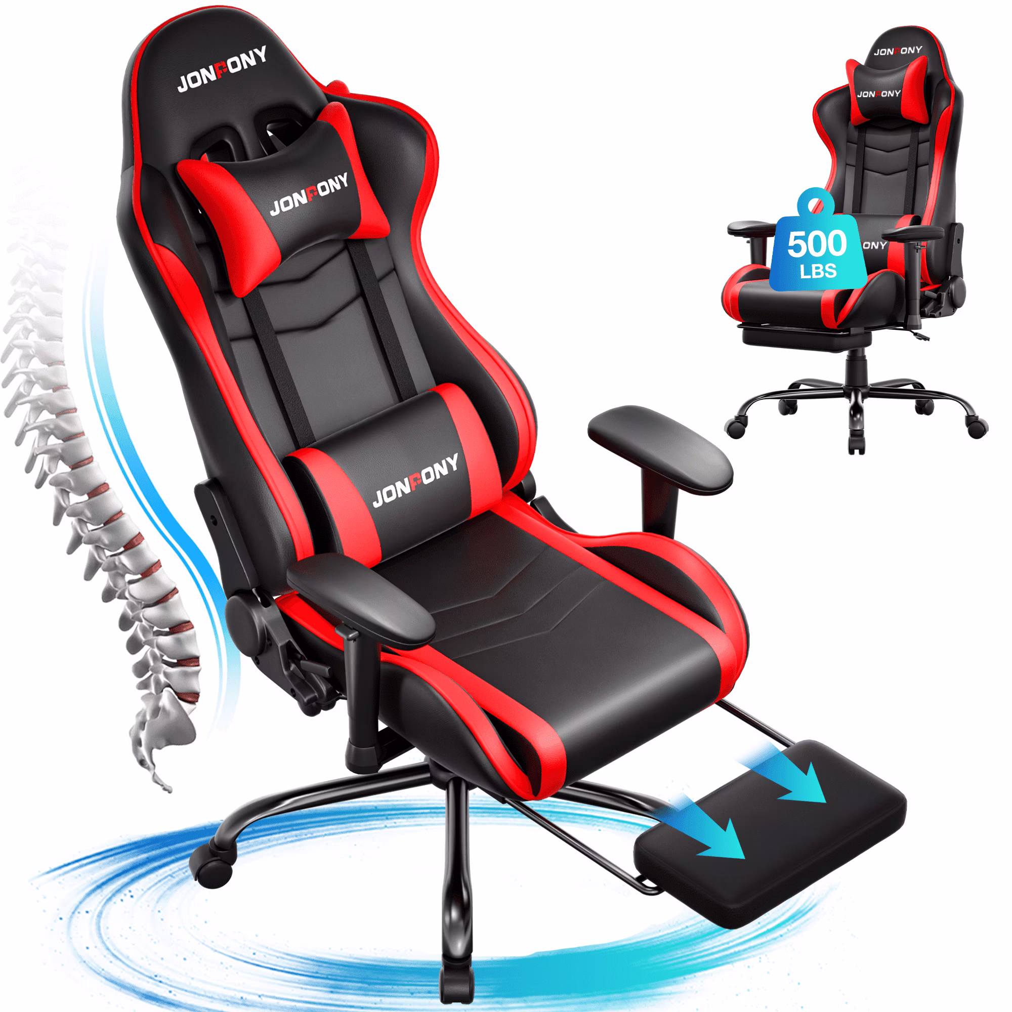 Big and Tall 500LBS Gaming Chair, Ergonomic Design, Gamer Chair PU Leather with Footrest and Lumbar Support, High Back Office Chair Support 8 Hours Long Sitting, Computer Chair,Red(Red)