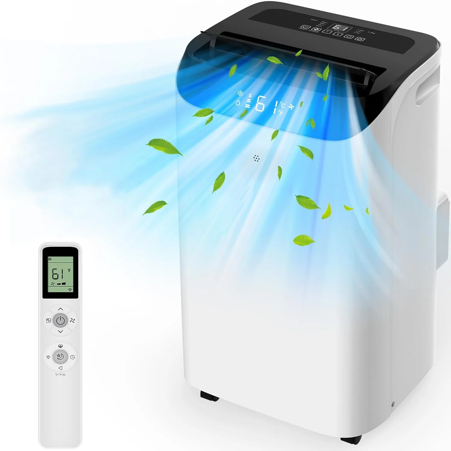 Climatiseur portable 14 000 BTU avec télécommande, unité de refroidissement autonome 3 en 1 avec ventilateur et déshumidificateur, rafraîchit une pièce jusqu'à 700 pi², modes intelligent/veille, 3 vitesses, oscillation automatique, minuterie 24 h