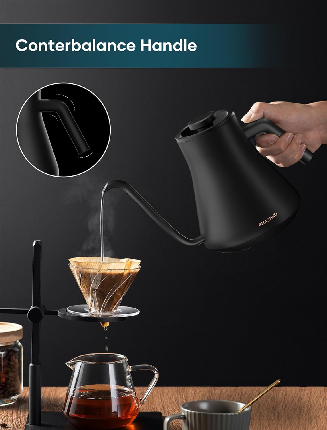 INTASTING Electric Kettles, Gooseneck Electric Kettle, ±1℉ Temperature Control, Stainless Steel Inner, Quick Heating, for Pour Over Coffee, Brew Tea, Boil Hot Water, 0.9L (Black)