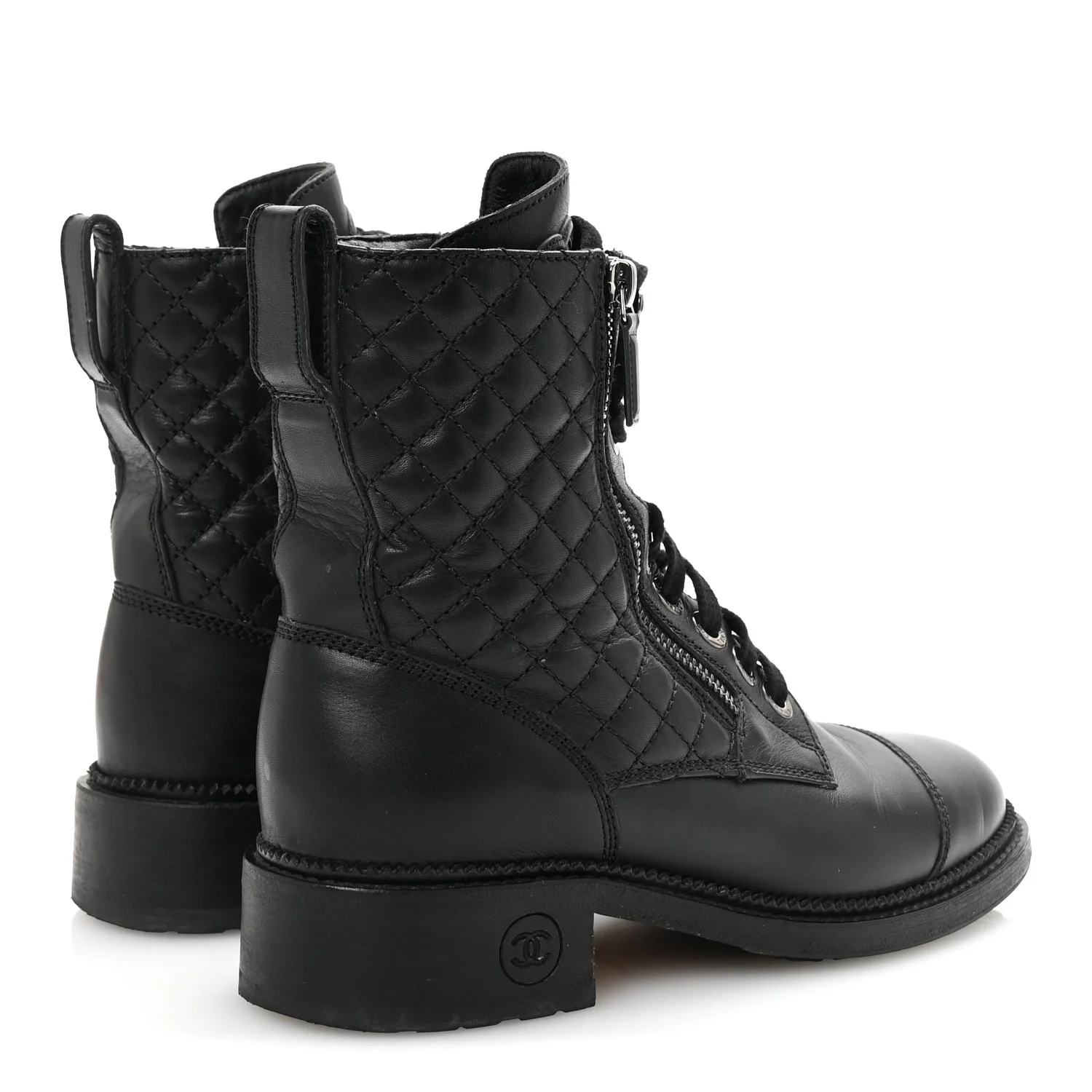 Calfskin Quilted Lace Up Combat Boots 37.5 Black