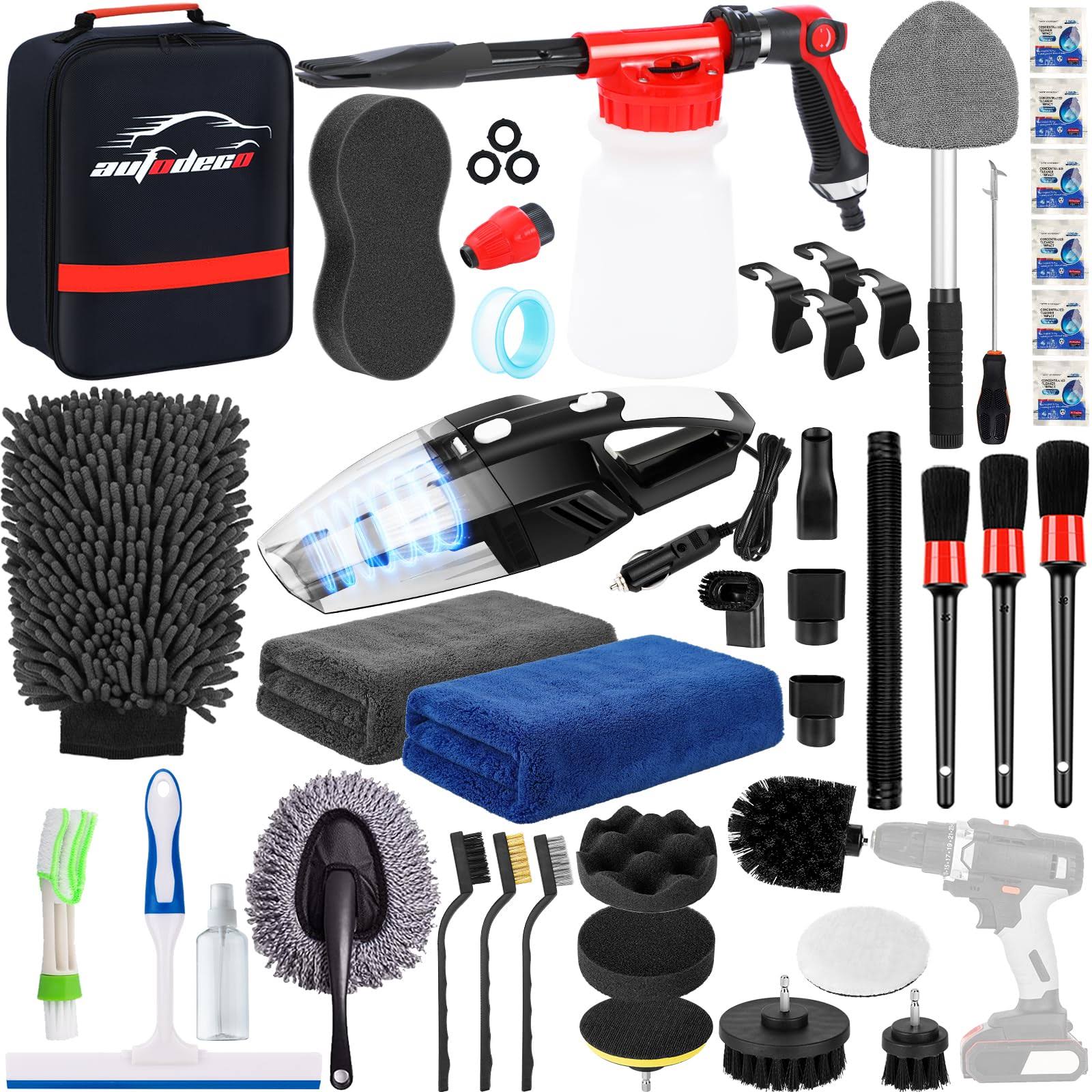 AUTODECO 40pcs Car Wash Detailing Kit Cleaning Kits with Foam Gun Sprayer High Power Handheld Vacuum Drill Brush Large Wash Mitt Towels Complete
