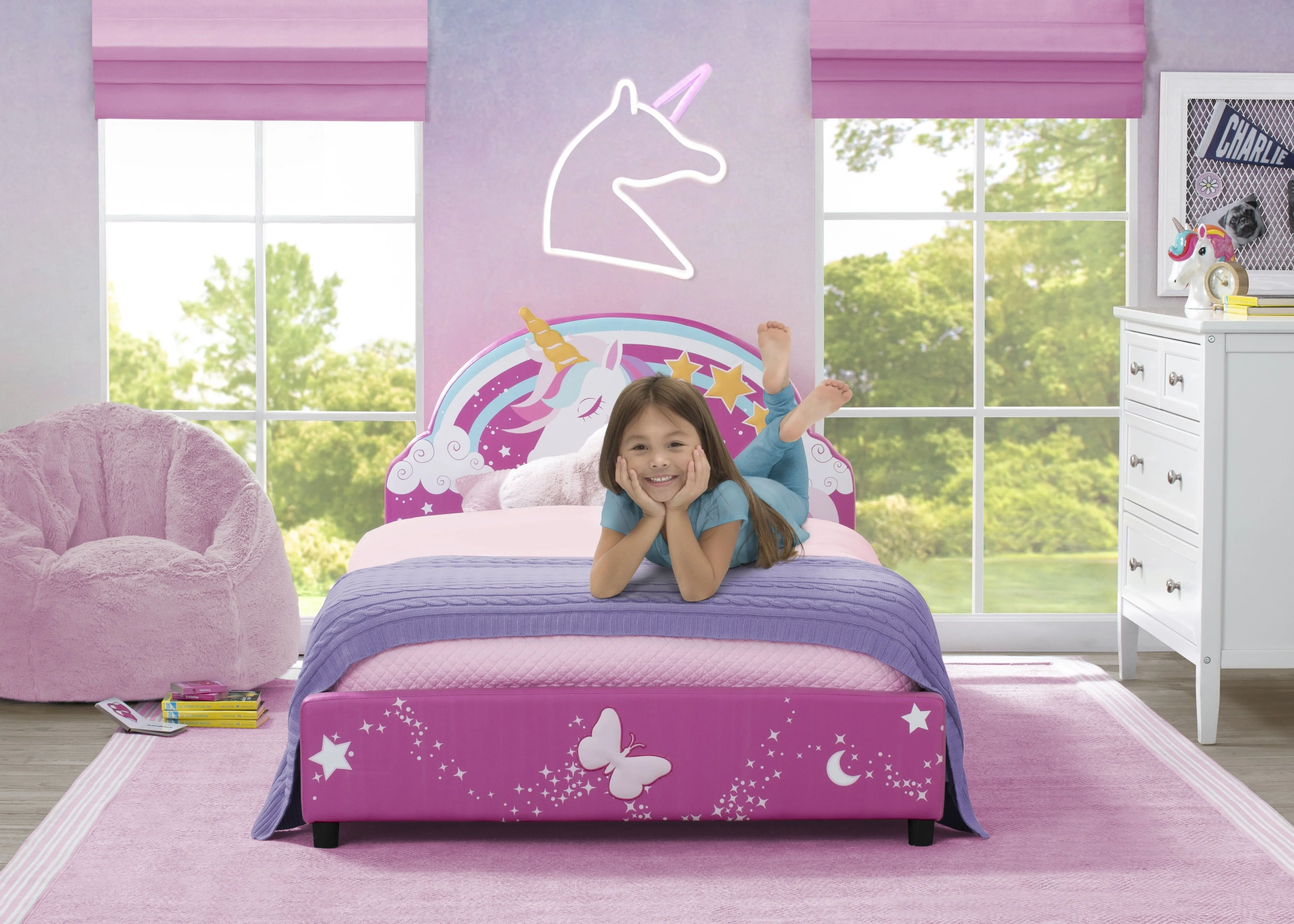 Delta Children Unicorn Upholstered Twin Bed, Pink(Unicorn)