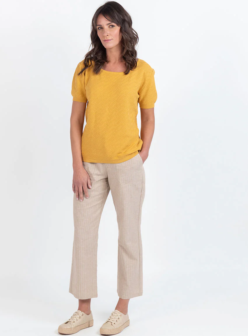 Pull femme manches courtes coton jaune safran