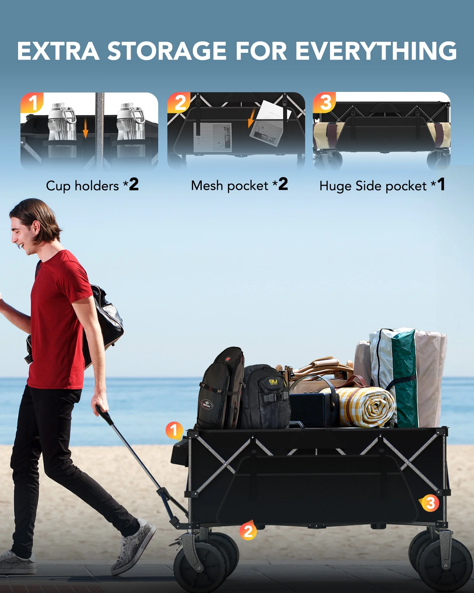 Collapsible Wagon, 440LBS Heavy Duty Wagon Carts Foldable with Side Pocket and Brakes, 66 Gallon Large Capacity Foldable Wagon-gray(Gray) - Image 4