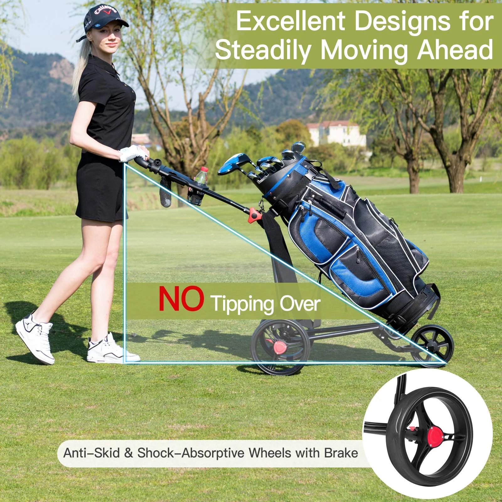 Tangkula Golf Push Cart, Lightweight Collapsible Golf Pull Cart, 3 Wheels Golf Trolley with Foot Brake Umbrella Holder & Cup Holder