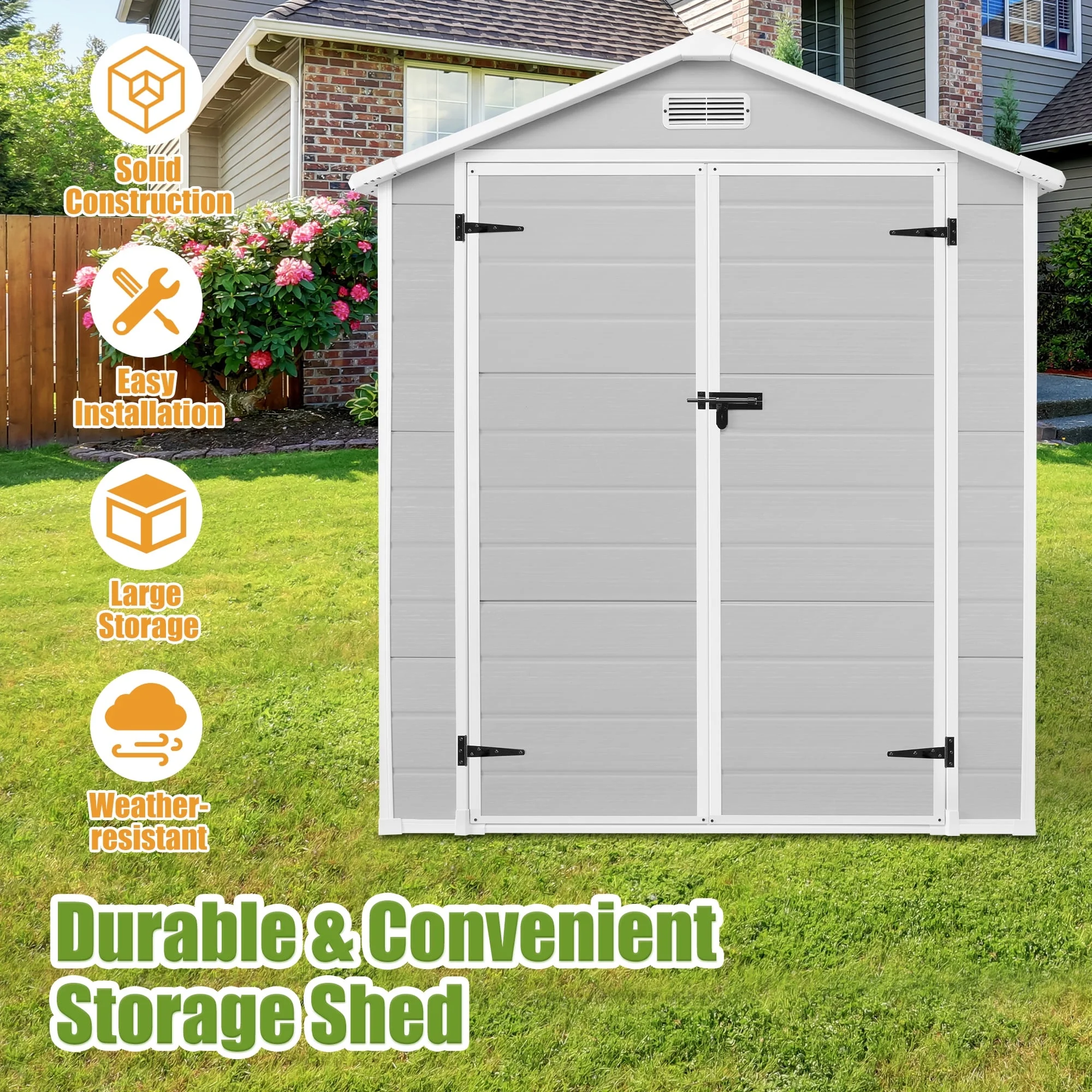 6 x 4.4FT Outdoor Storage Shed, All-Weather Plastic Resin Utility Tool Large Shed with Dual Lockable Doors for Patio Backyard Lawn, Gray(6*4 Gray) - Image 7