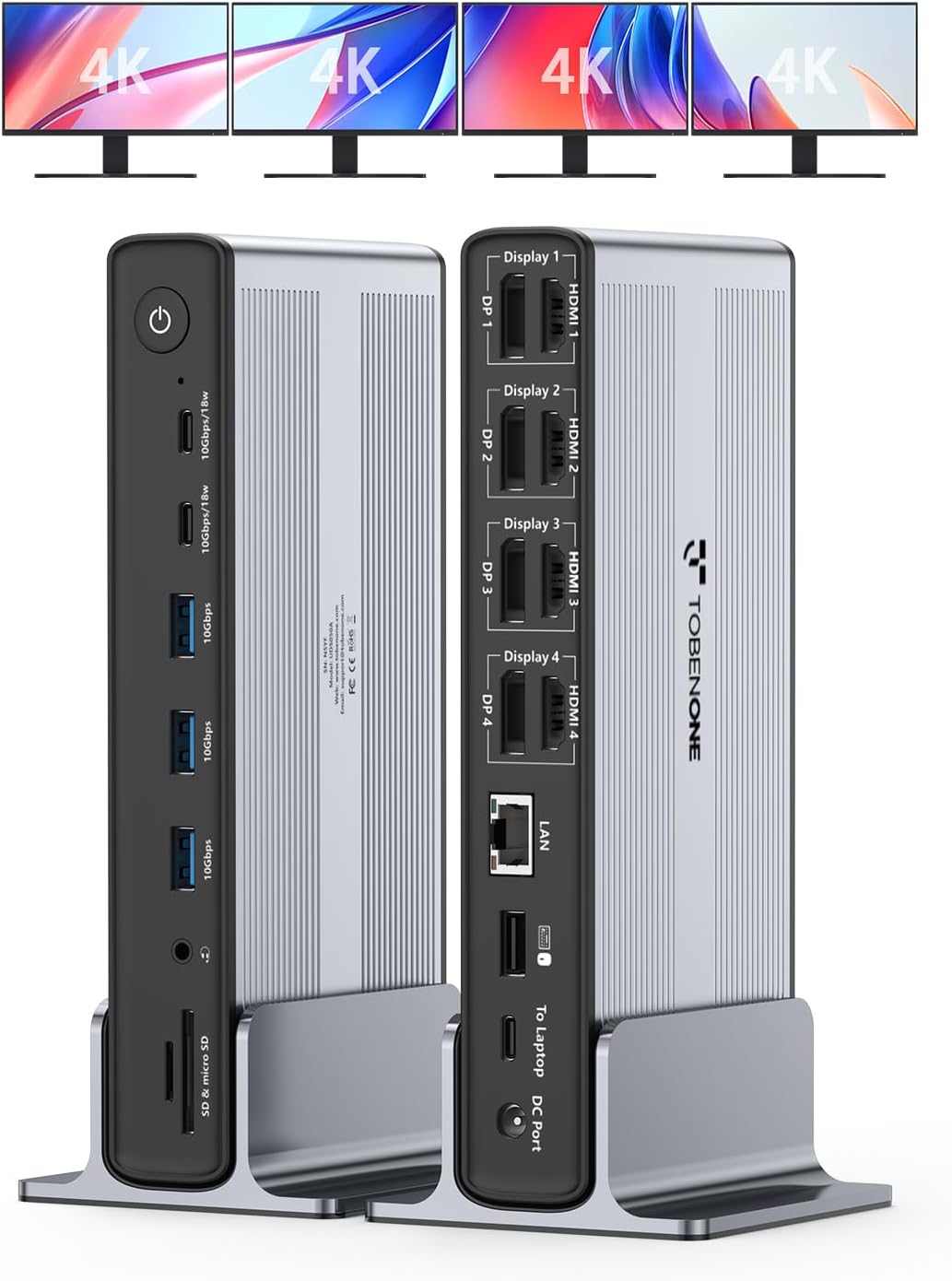 TobenONE DisplayLink Docking Station 4 Monitors  20-in-1 Quad 4K@60Hz HDMI Display with 150W Power Supply for Thunderbolt 5/4/3  USB-C Windows Chrome  MacBook/Mac mini(6 USB  Ethernet  SD/Micro SD)