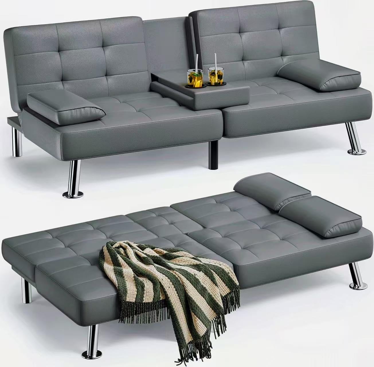 Canapé-lit futon Homall en cuir avec accoudoirs et fauteuil inclinable réglable
