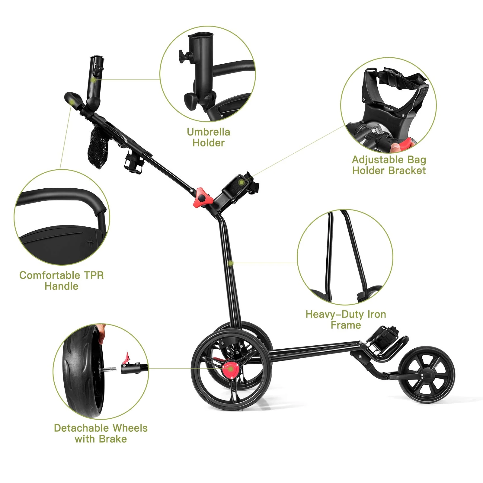 Tangkula Golf Push Cart, Lightweight Collapsible Golf Pull Cart, 3 Wheels Golf Trolley with Foot Brake Umbrella Holder & Cup Holder