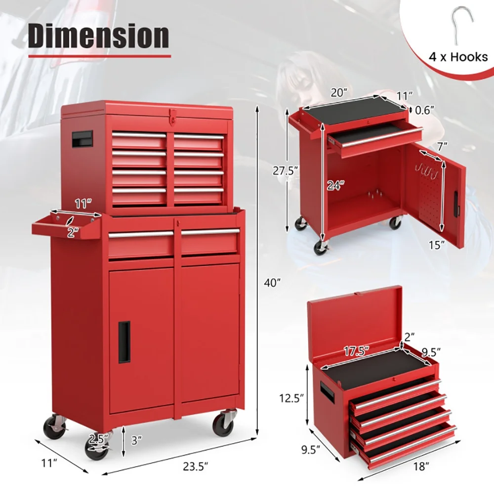 Canddidliike 2-in-1 Tool Chest and Cabinet with 5 Sliding Drawers-Red, Heavy Duty Utility Industrial Service Cart