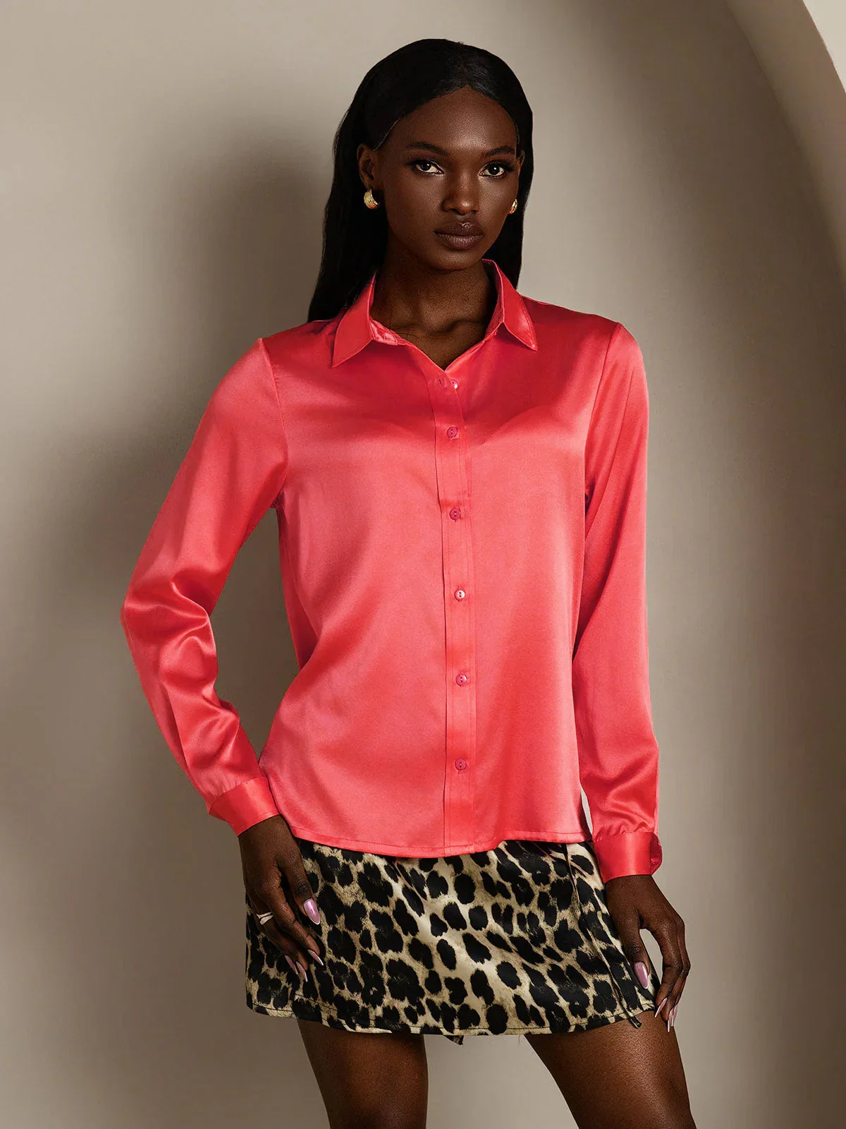 19Momme Silk Lapel Collar Long Sleeve Women's Shirt