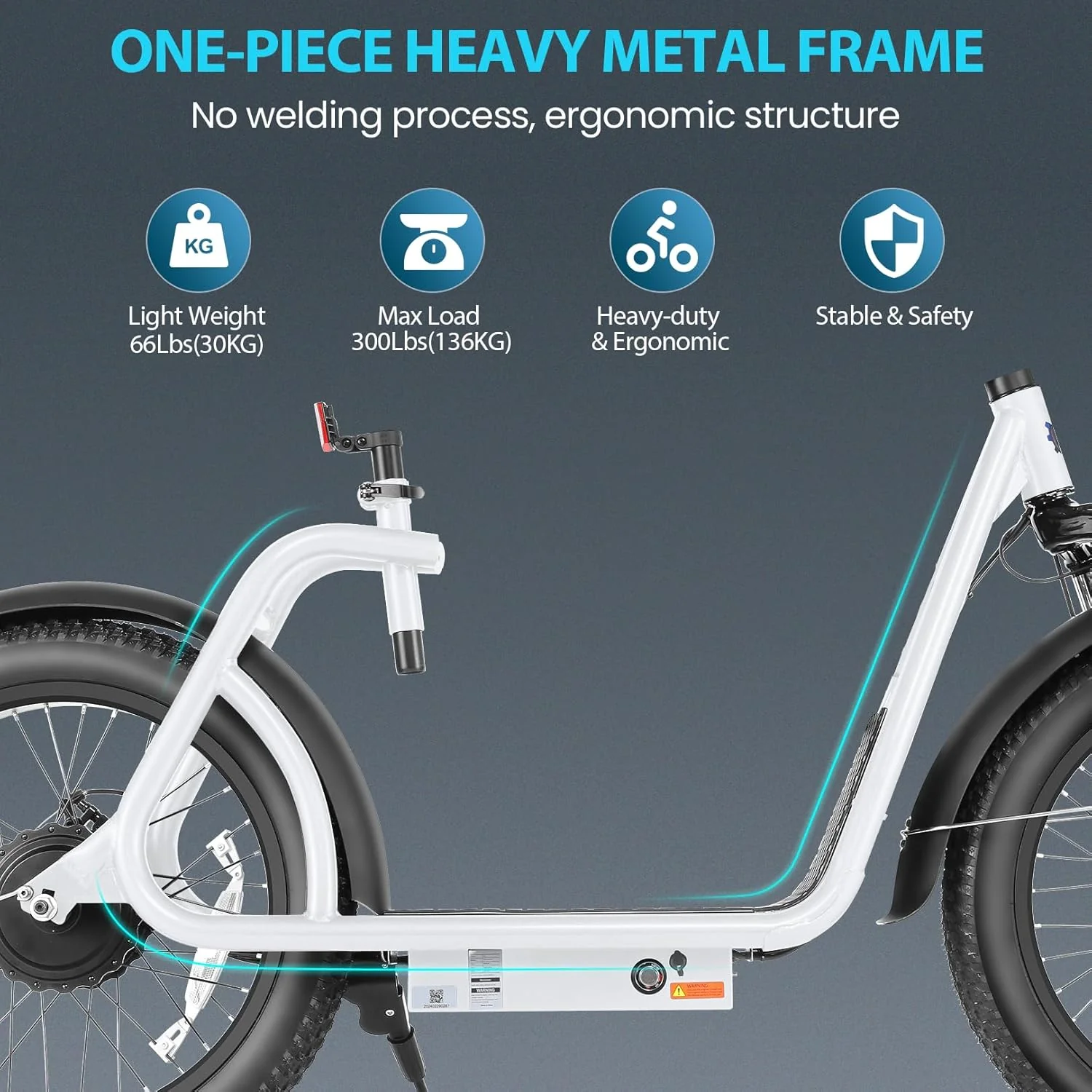 Trottinette électrique pliable Caroma Peak 800W pour adultes, avec pneus de 20 pouces de large, batterie 48V, panier et siège réglable.