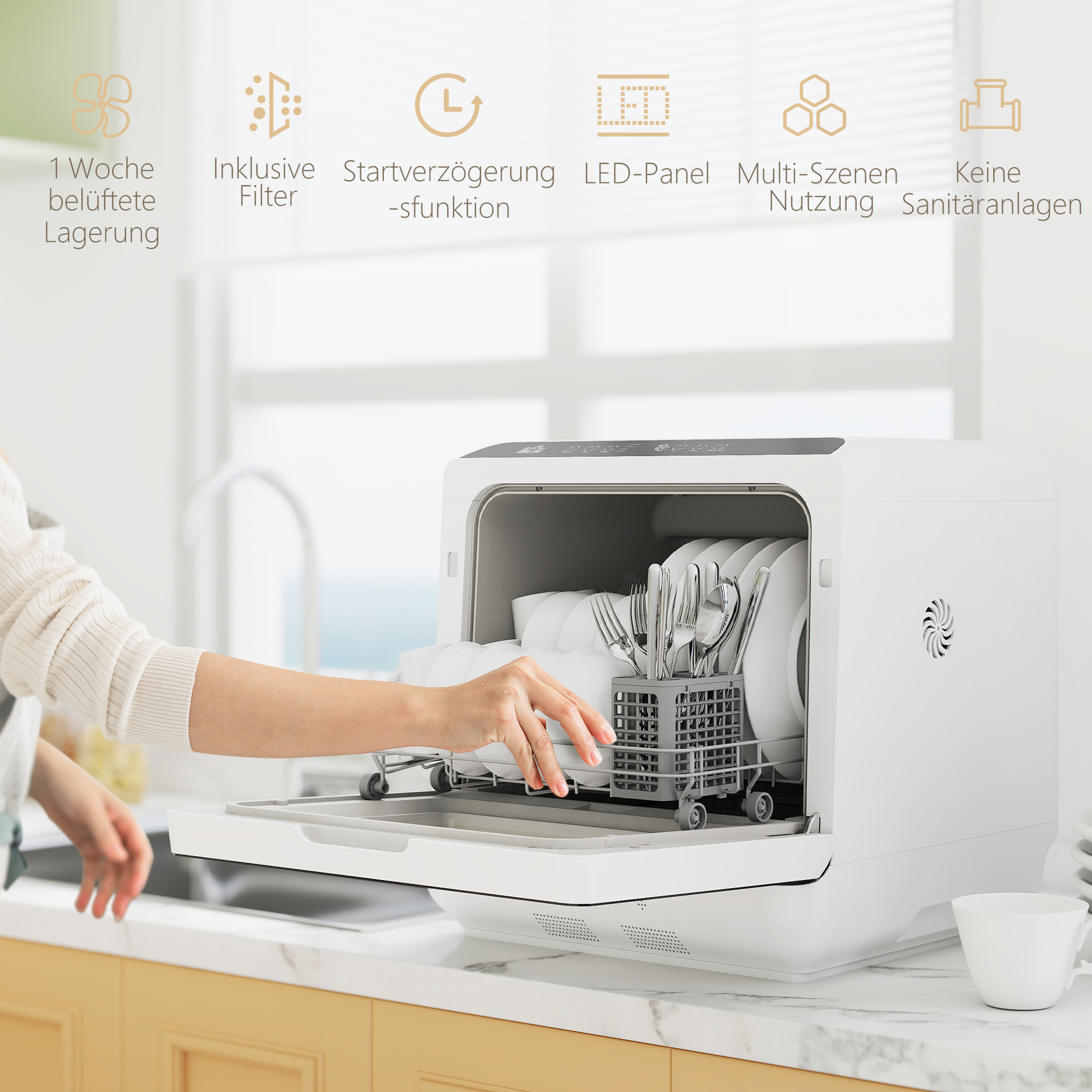 HOMCOM Tafelvaatwasser, Mini-Vaatwasser met 6-Liter-tank, 5 Programma's, LED-display, Droogfunctie, Wit