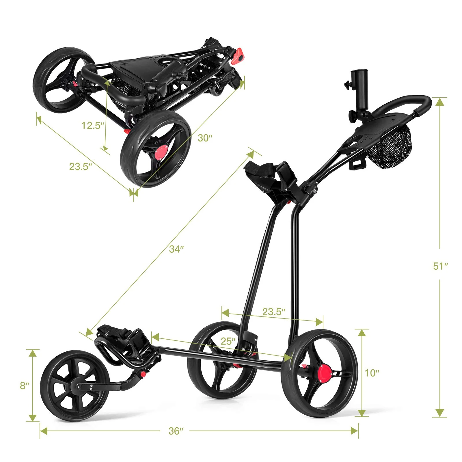 Tangkula Golf Push Cart, Lightweight Collapsible Golf Pull Cart, 3 Wheels Golf Trolley with Foot Brake Umbrella Holder & Cup Holder