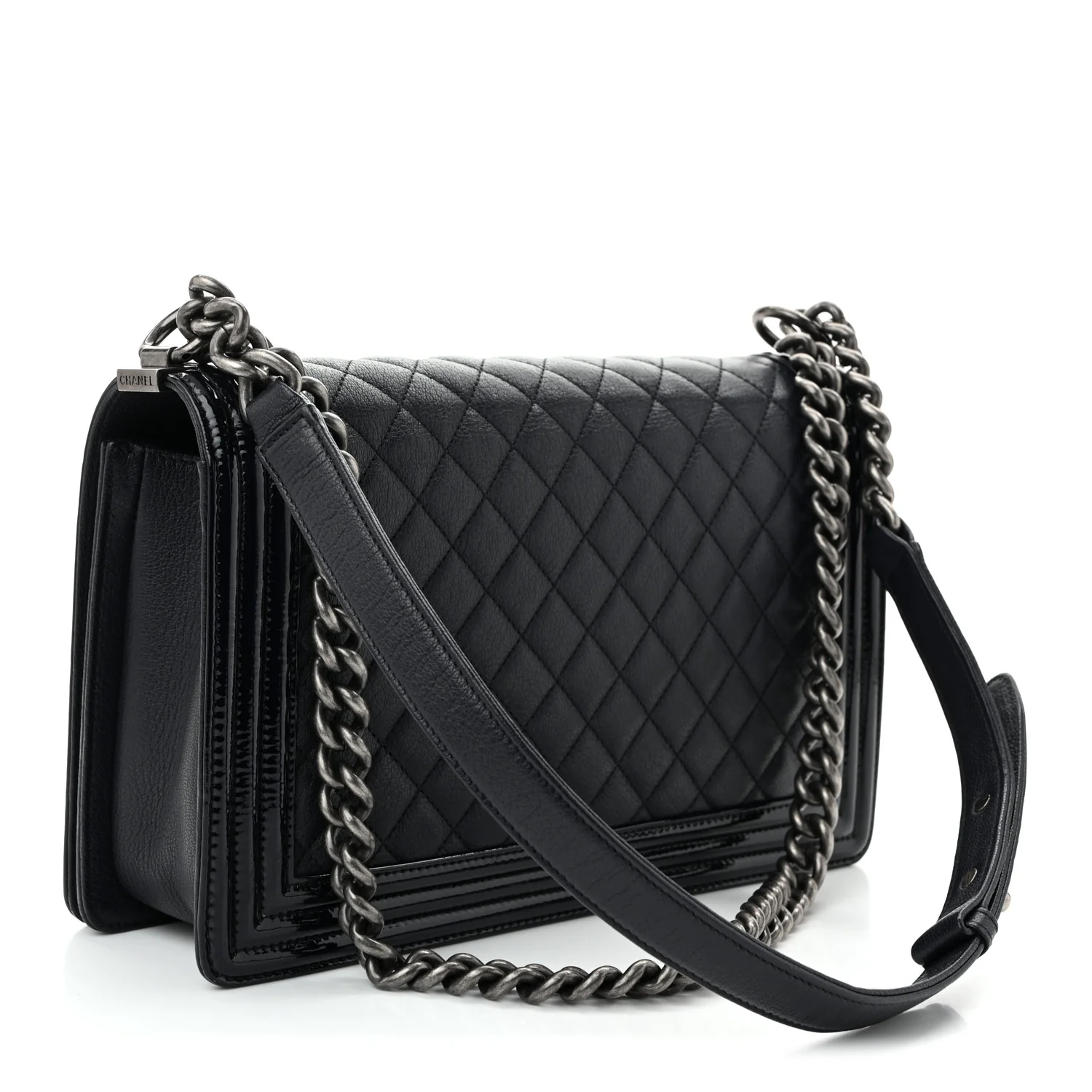 Goatskin Quilted Patent New Medium Duo Boy Flap Black