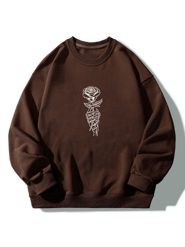 Sweat-shirt décontracté à col rond et imprimé de mains et de crânes de roses