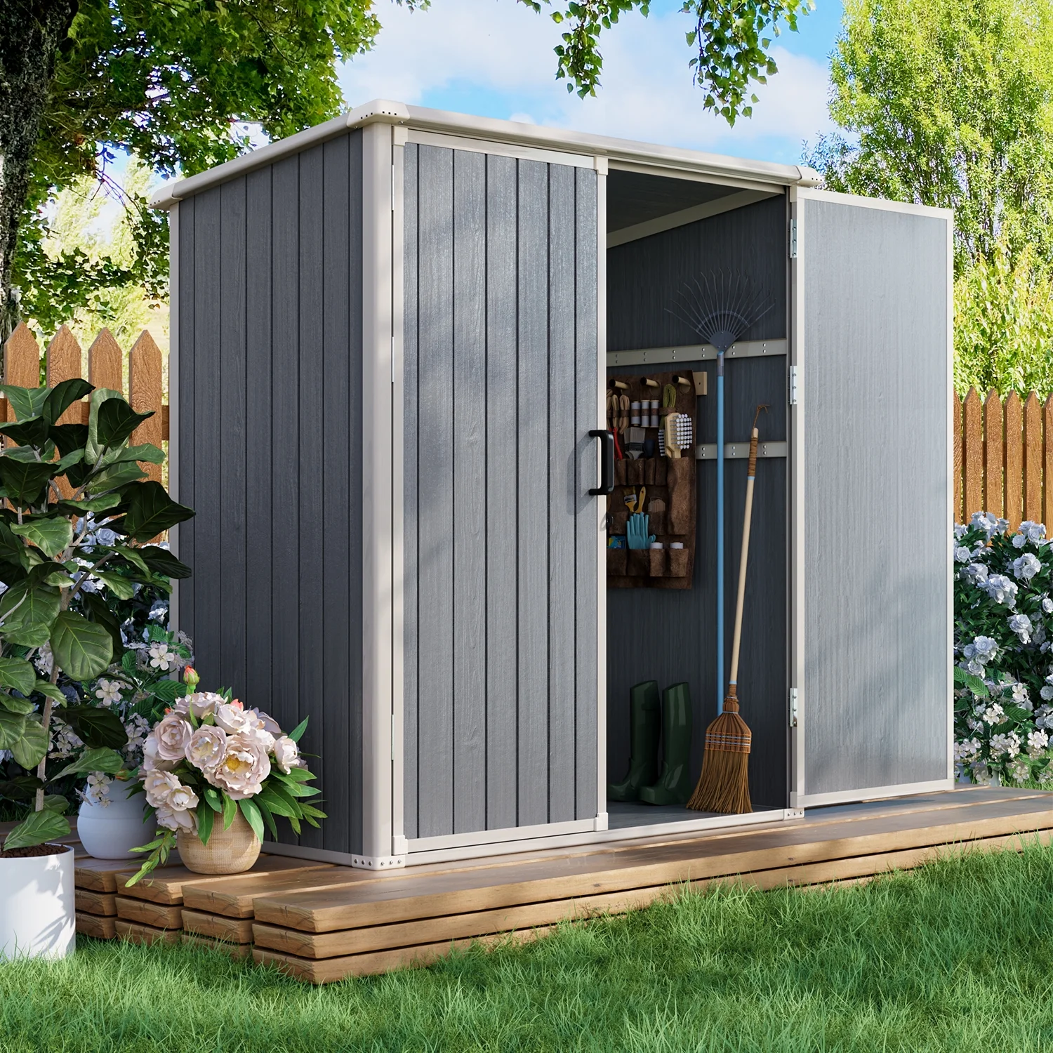 5.0' X 3.1' Resin Outdoor Shed with Base Frame, Plastic Shed with Lockable Door, for Garden, Ptaio, Backyard, Gray(Gray) - Image 2