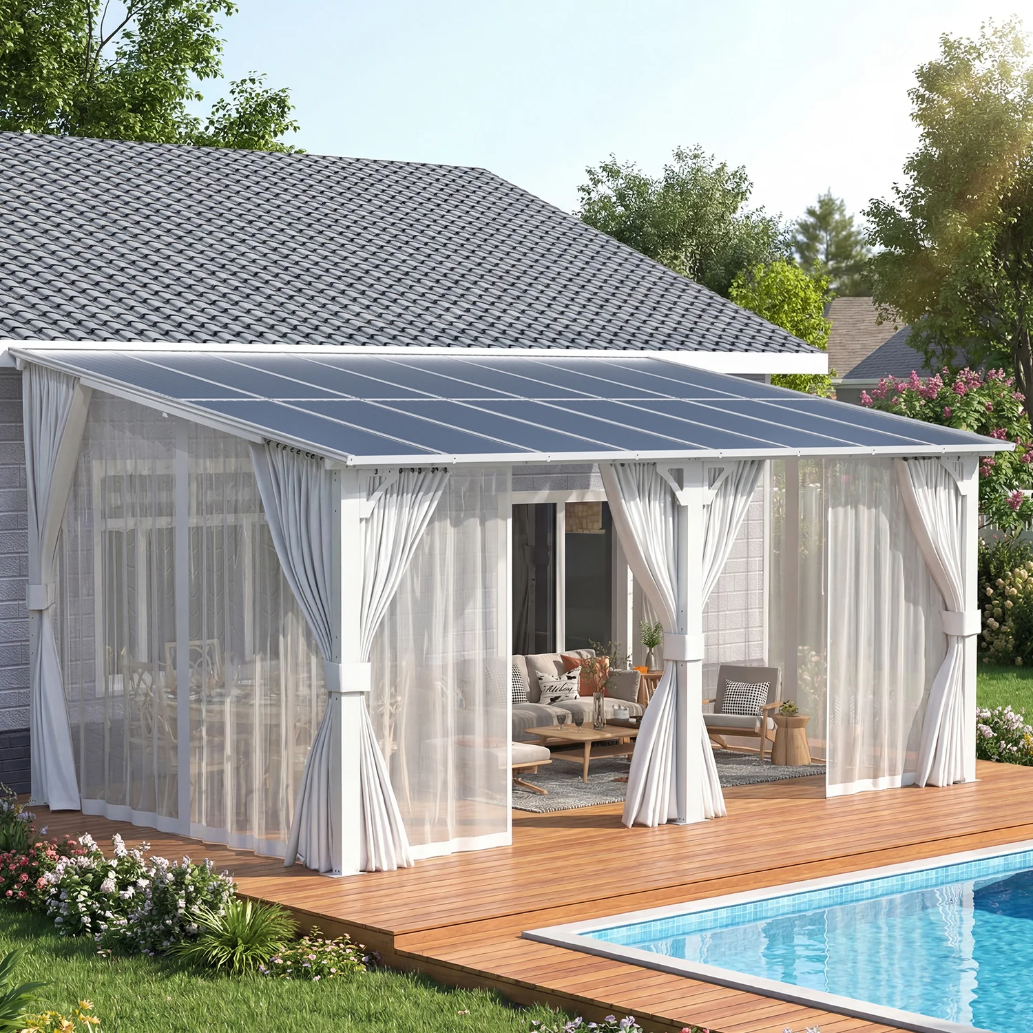 AECOJOY 16'x10' Wall Gazebo with Curtains and Mosquito Netting, White