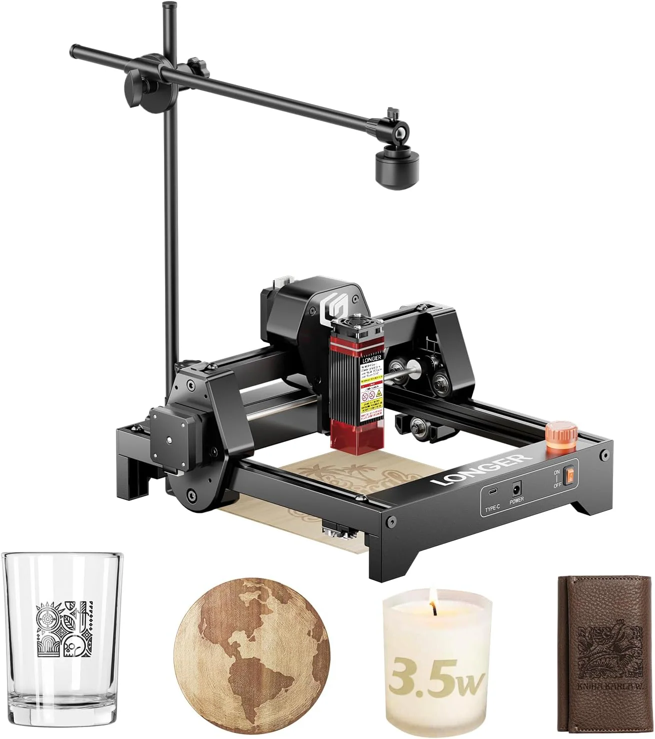 Graveur laser LONGER Ray5 mini 3,5 W avec kit caméra, découpe haute vitesse 12 000 mm/min pour bois, métal, acrylique, cuir, CNC DIY, zone de gravure 130 x 140 mm, Wi-Fi, arrêt d'urgence.
