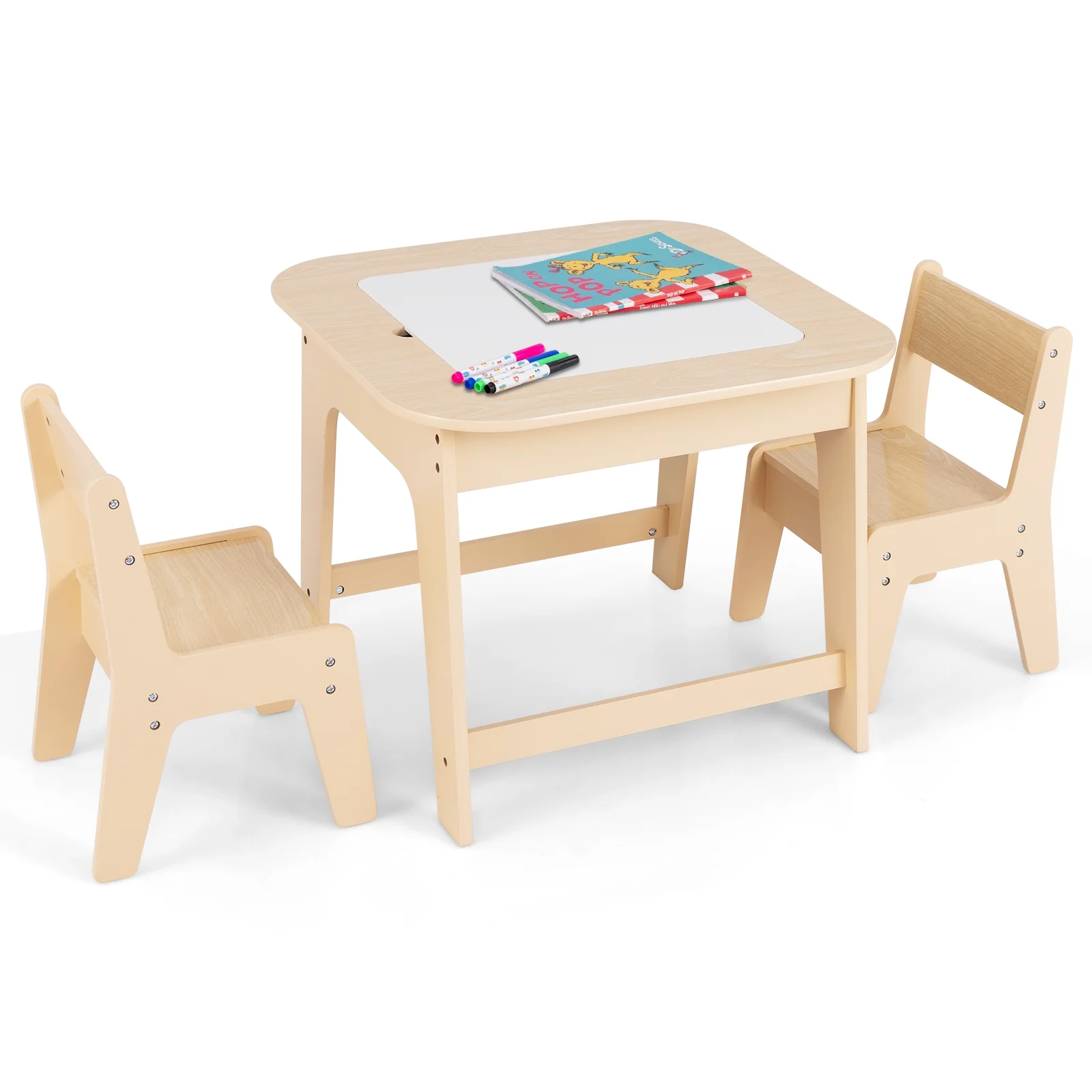 Kids Table and Chair Set, 3 in 1 Wooden Activity Table with Removable Tabletop, Blackboard and Whiteboard for Toddlers Arts Crafts Drawing Reading Playing, Playroom Nursery (Natural)(Natural) - Image 2