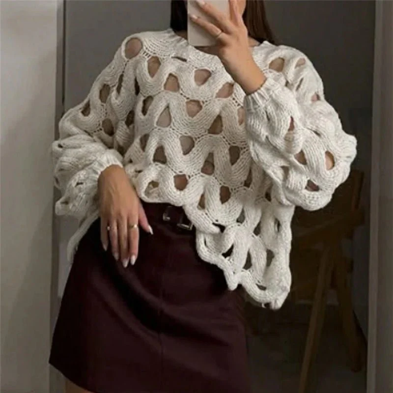 Pull en maille crochet à manches longues pour femme