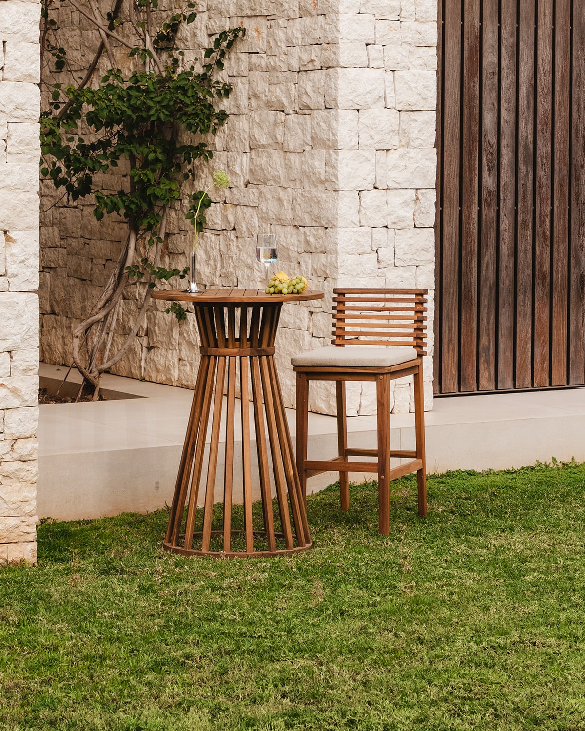 Hazan - Pack 4 Taburetes Altos de Exterior de Madera de Acacia y Tela (75 cm) Hazan