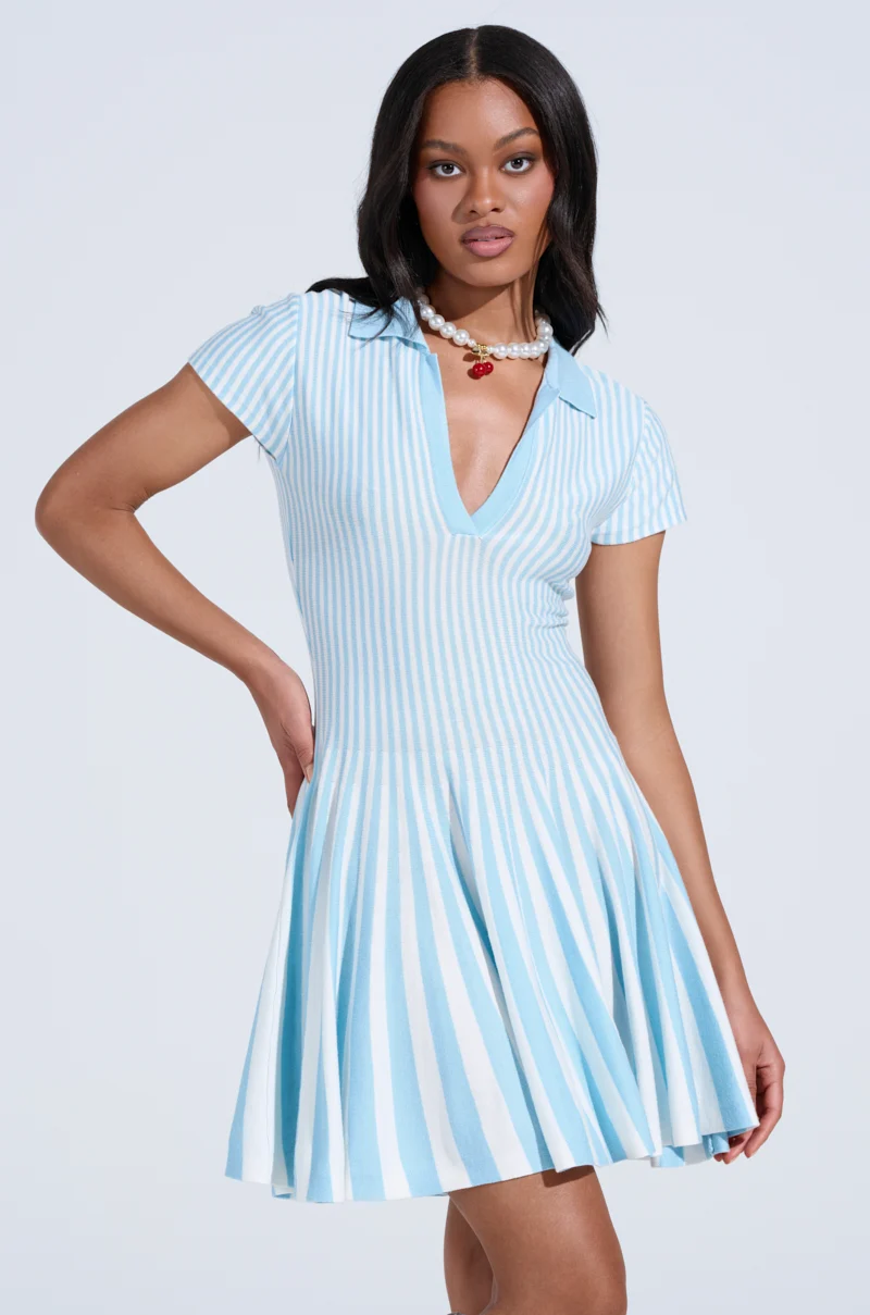 ALINA PLEATED KNIT FIT AND FLARE MINI DRESS IN BLUE - Akira Store