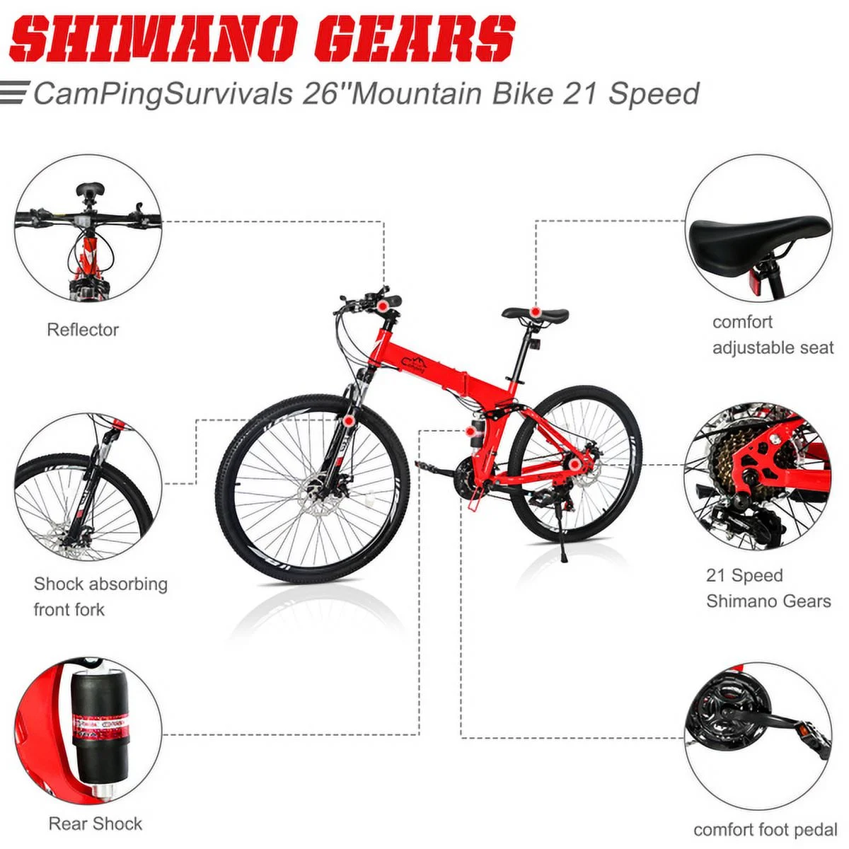 26 Inch Folding Mountain Bike Under 250$ Men Mountain Bike 21 Speed,High Carbon Steel,Disc Brake Folding Bikes for Adults/Men/Women Red(Red) - Image 4