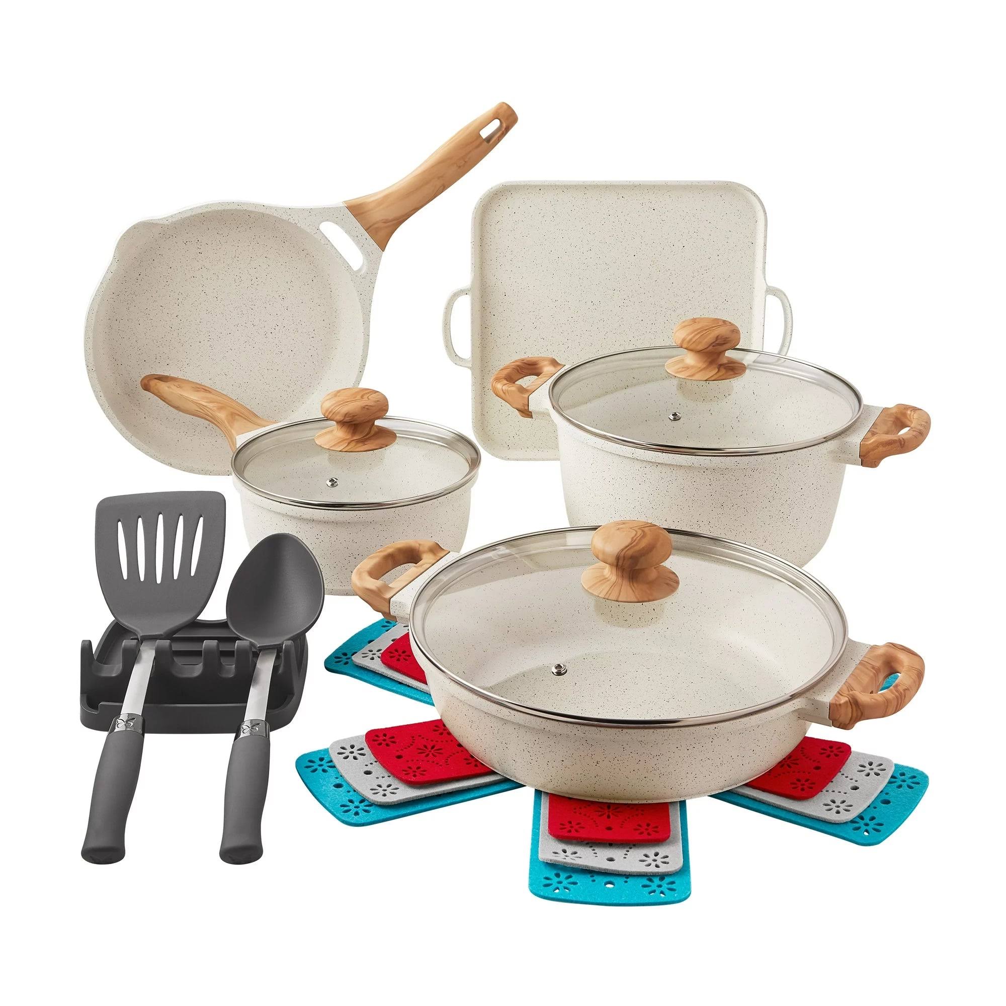 The Pioneer Woman PWS342769314343 Prairie Signature 14-Piece Cast Aluminum Cookware Set - Linen Speckle