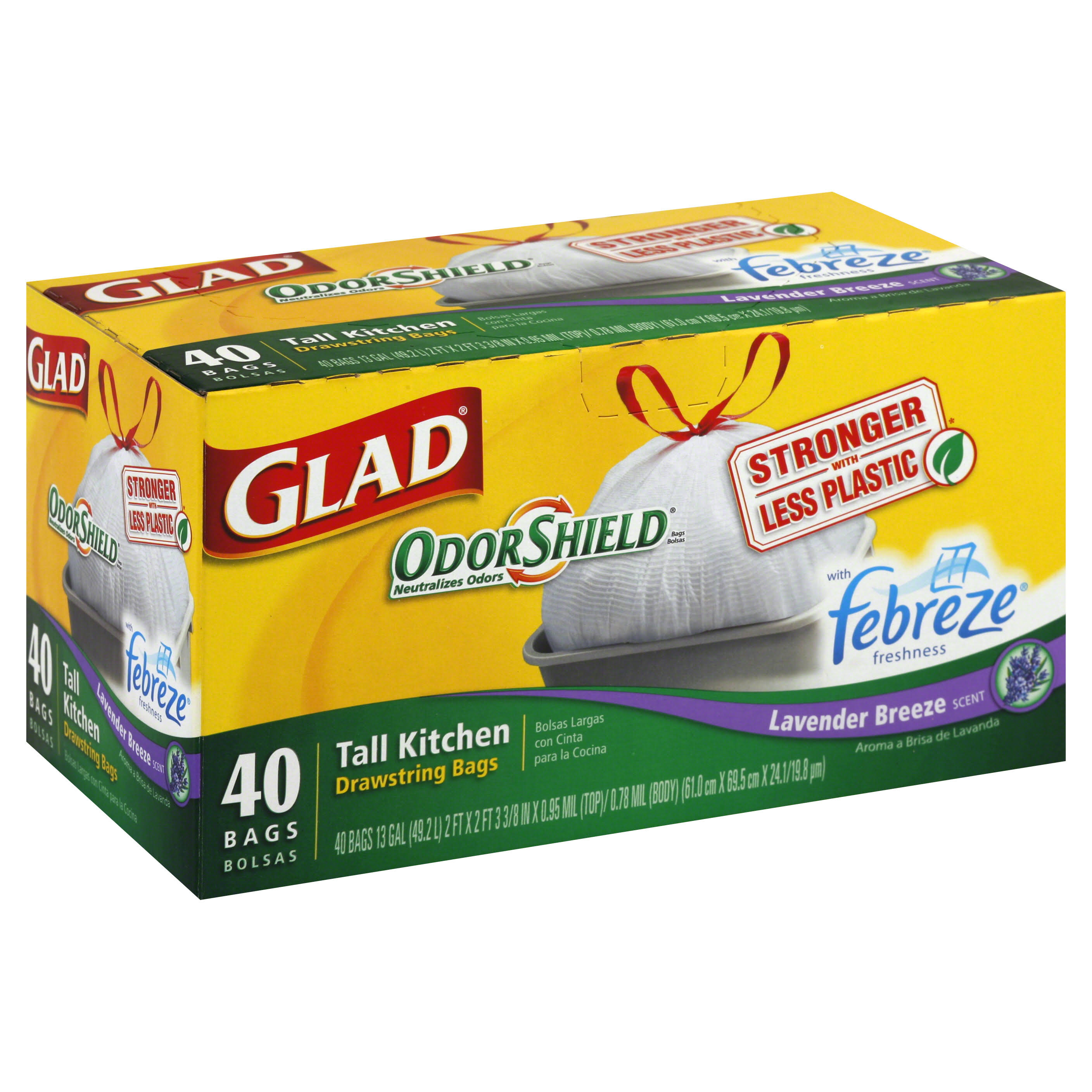 Glad Odor Shield Tall Drawstring Kitchen Bags, 13 Gallon, Lavender - 40 count