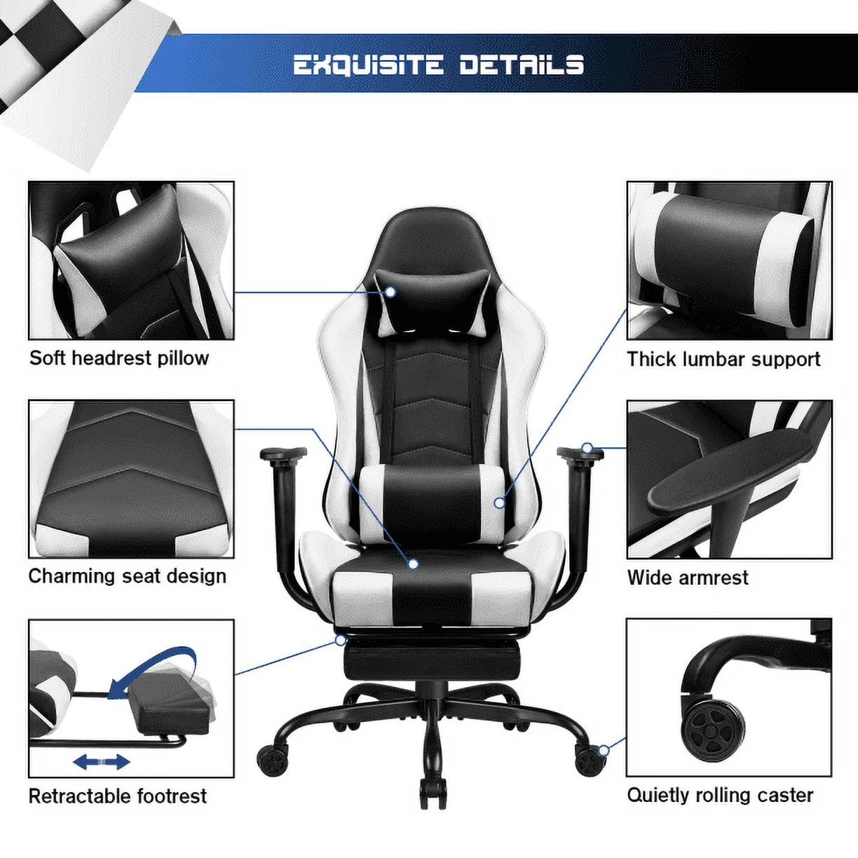 High Back Gaming Chair PU Leather Adjustable Height Racing Chair with Lumber Support Ergonomic Gaming Chair with Reversible, White(White) - Image 3
