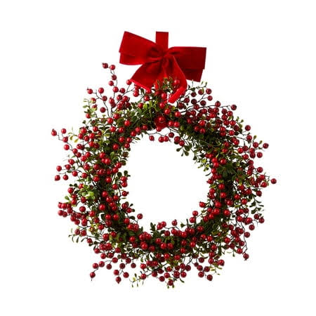Holiday Time Non-Lit Red Berry Velvet Bow Boxwood Wreath Decor, 24 inch Tall, 20.46 oz