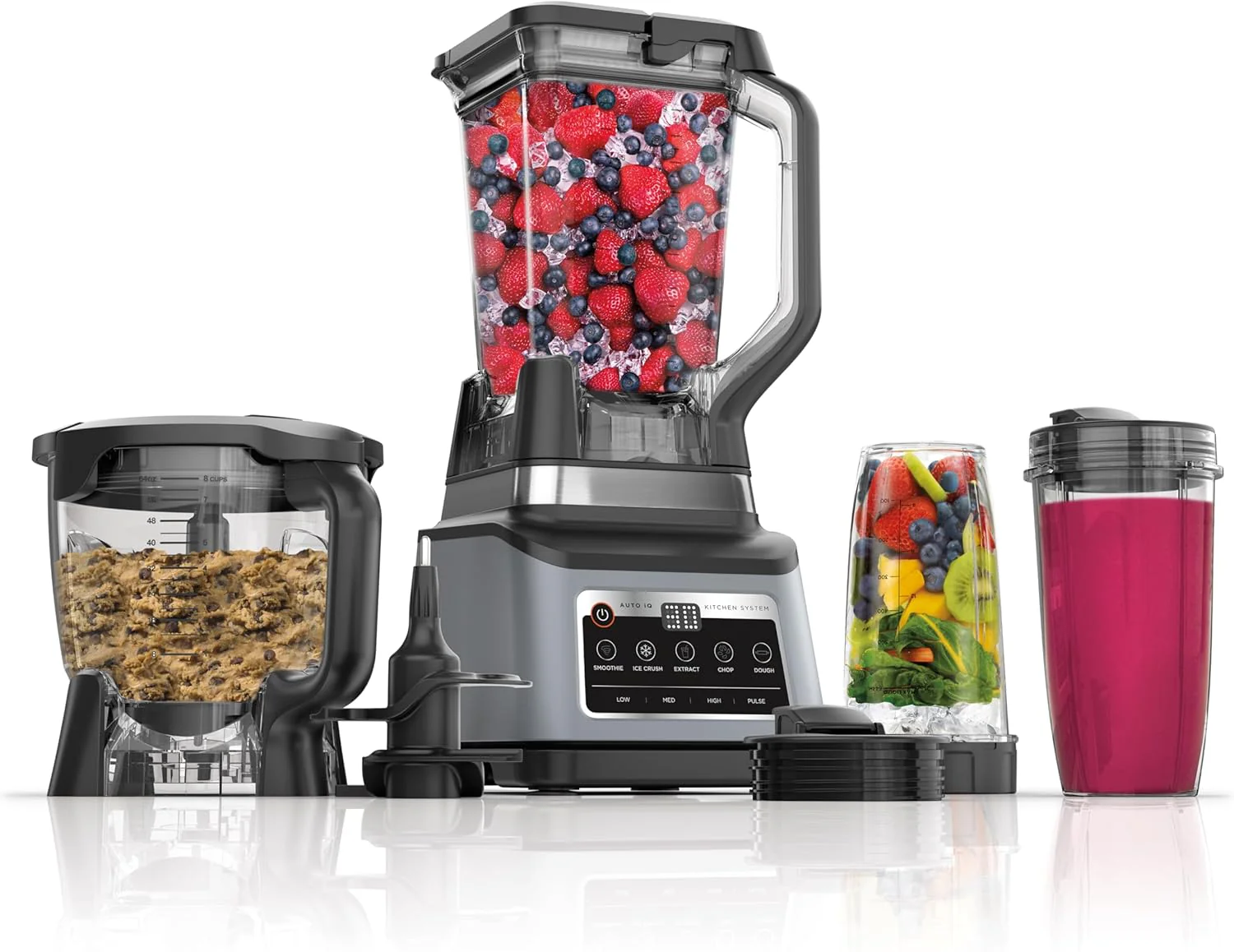Robot culinaire Professional Plus, 1400 W, 5 fonctions pour smoothies, hachage, pétrissage et plus encore avec Auto IQ, pichet mélangeur de 2,1 L*, bol robot de 1,9 L, (2) gobelets à emporter de 710 ml, gris
