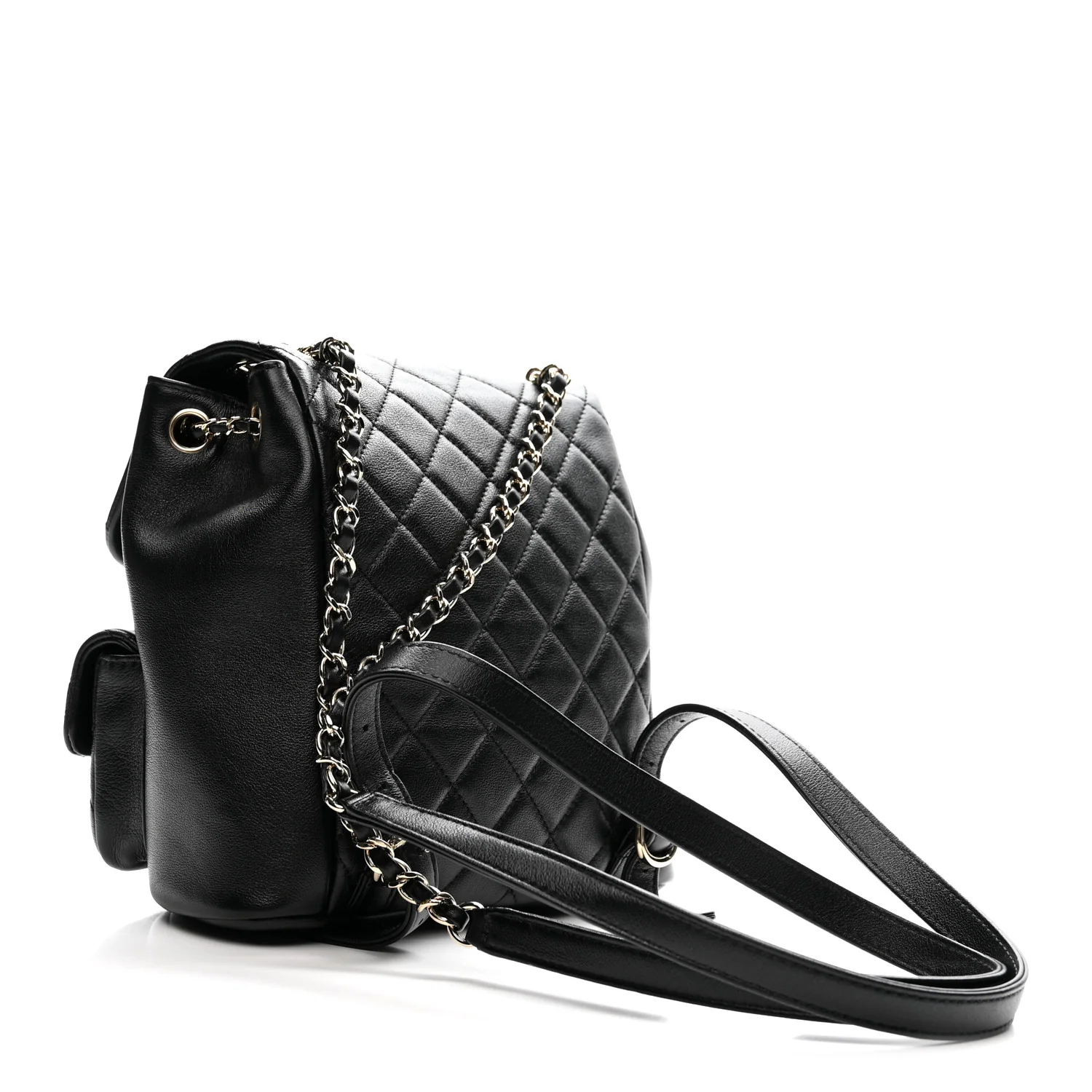 Shiny Caviar Quilted Medium Duma Pockets Drawstring Backpack Black