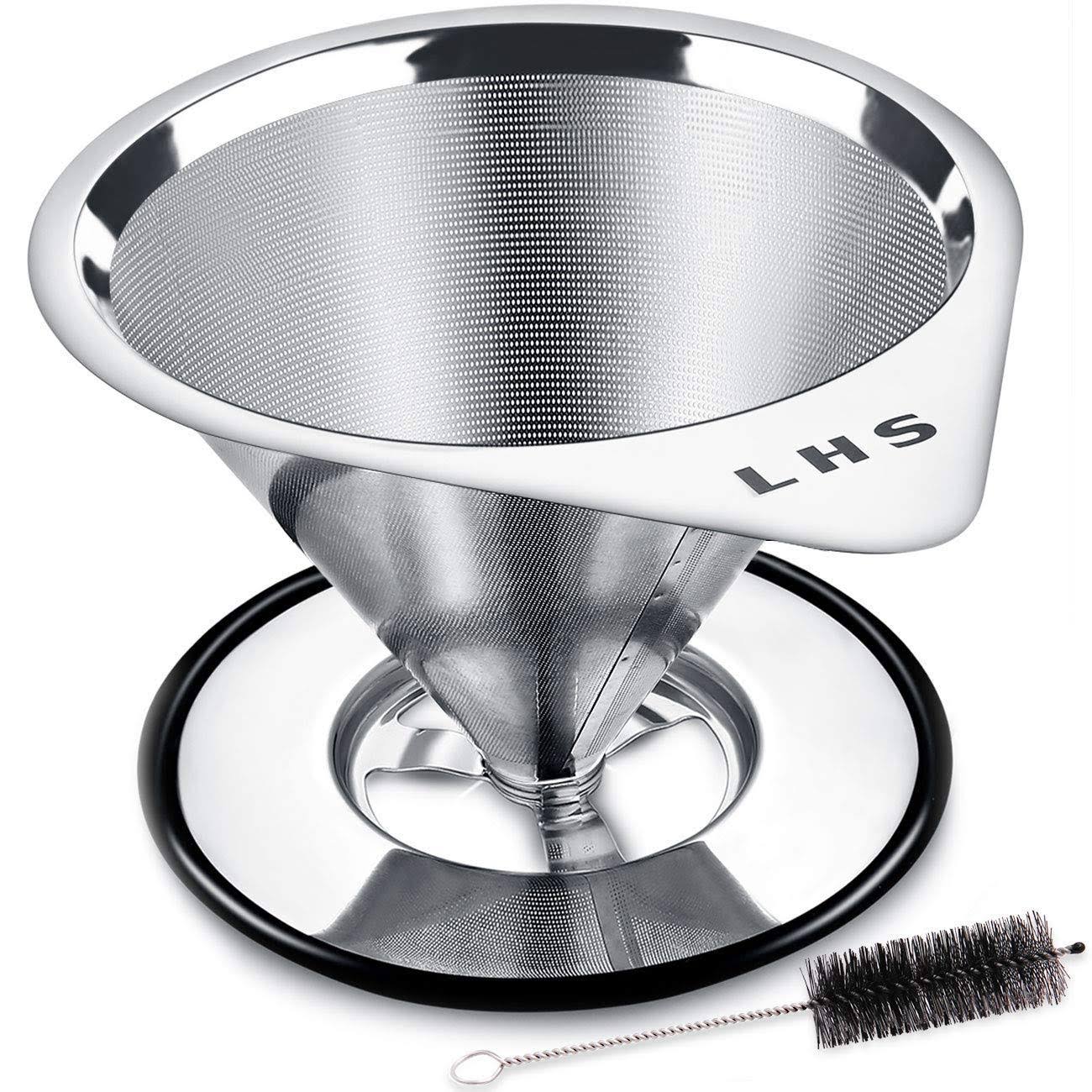 Pour Over Coffee Dripper Stainless Steel LHS Slow Drip Coffee Filter Metal Cone Paperless Reusable Single Cup Coffee Maker 1-2 Cup with Non-Slip Cup