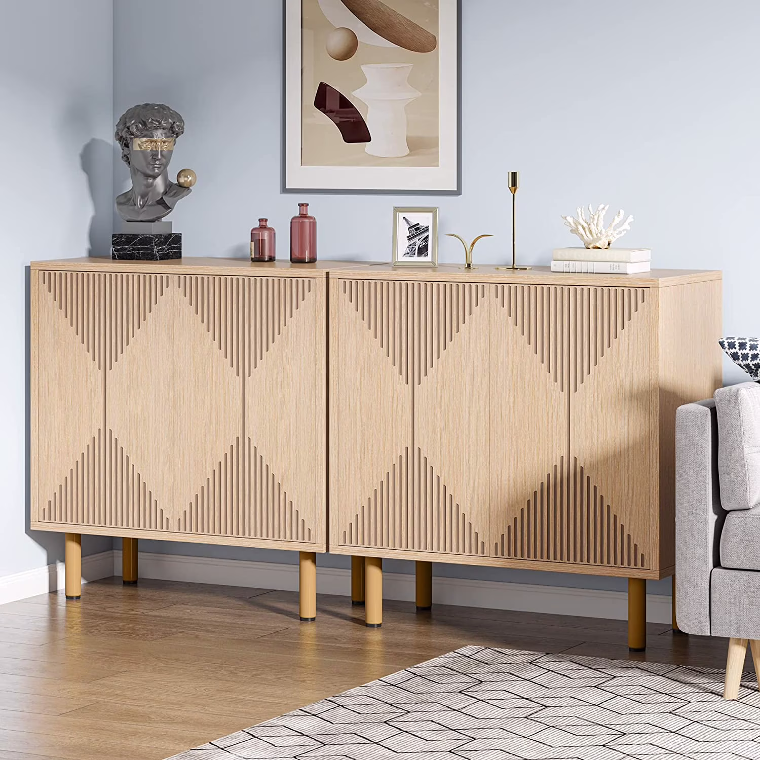 59" Modern White Storage Cabinet Set, Freestanding Floor Cabinet, Wood Buffet Cabinet with Doors, Large Storage Cabinet for Living Room, Dining Room, Garage(59"/Yellow)