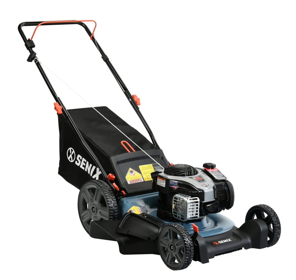 SENIX Gas Lawn Mower, 21 Inch, 140 cc 4 Cycle Briggs  Stratton Engine, 3 In 1 Push Lawnmower, 6 Position Height Adjustment with 11 Inch Rear Wheels, LSPG M7, Blue(B Black)