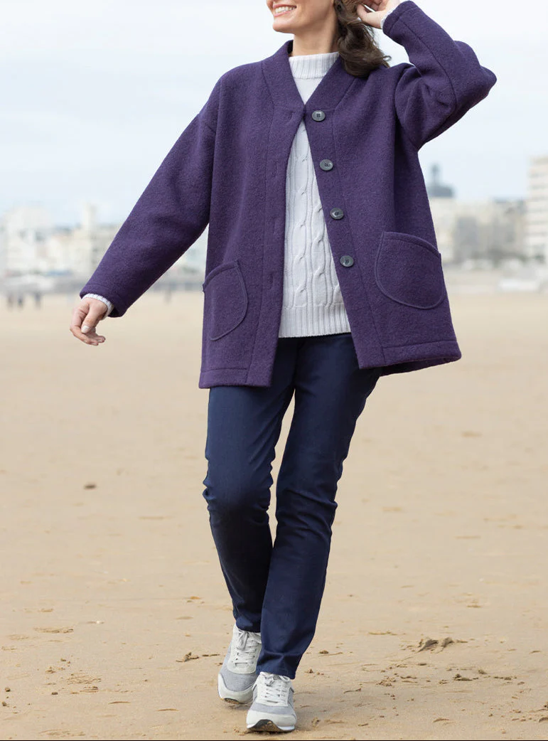 Manteau court femme laine bouillie violet foncé