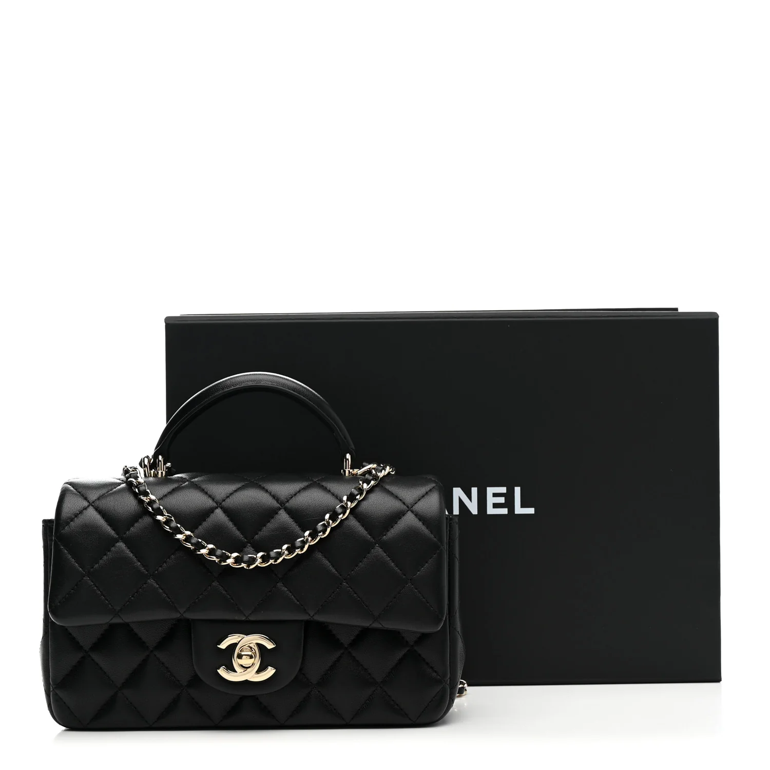Lambskin Quilted Mini Top Handle Rectangular Flap Black