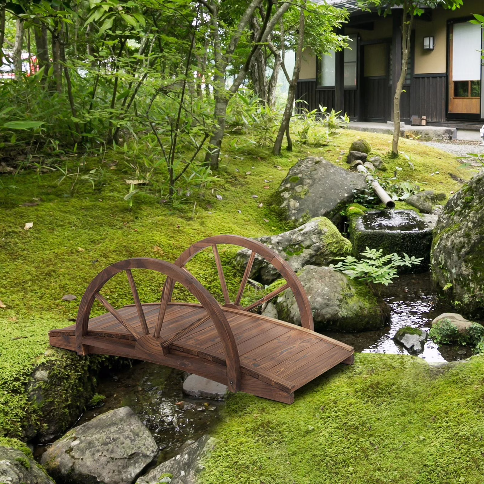 WSSYzyzf 3.3ft Wooden Garden Bridge Arc Footbridge with Half-Wheel Style Railings & Solid Fir Construction, Stained Wood